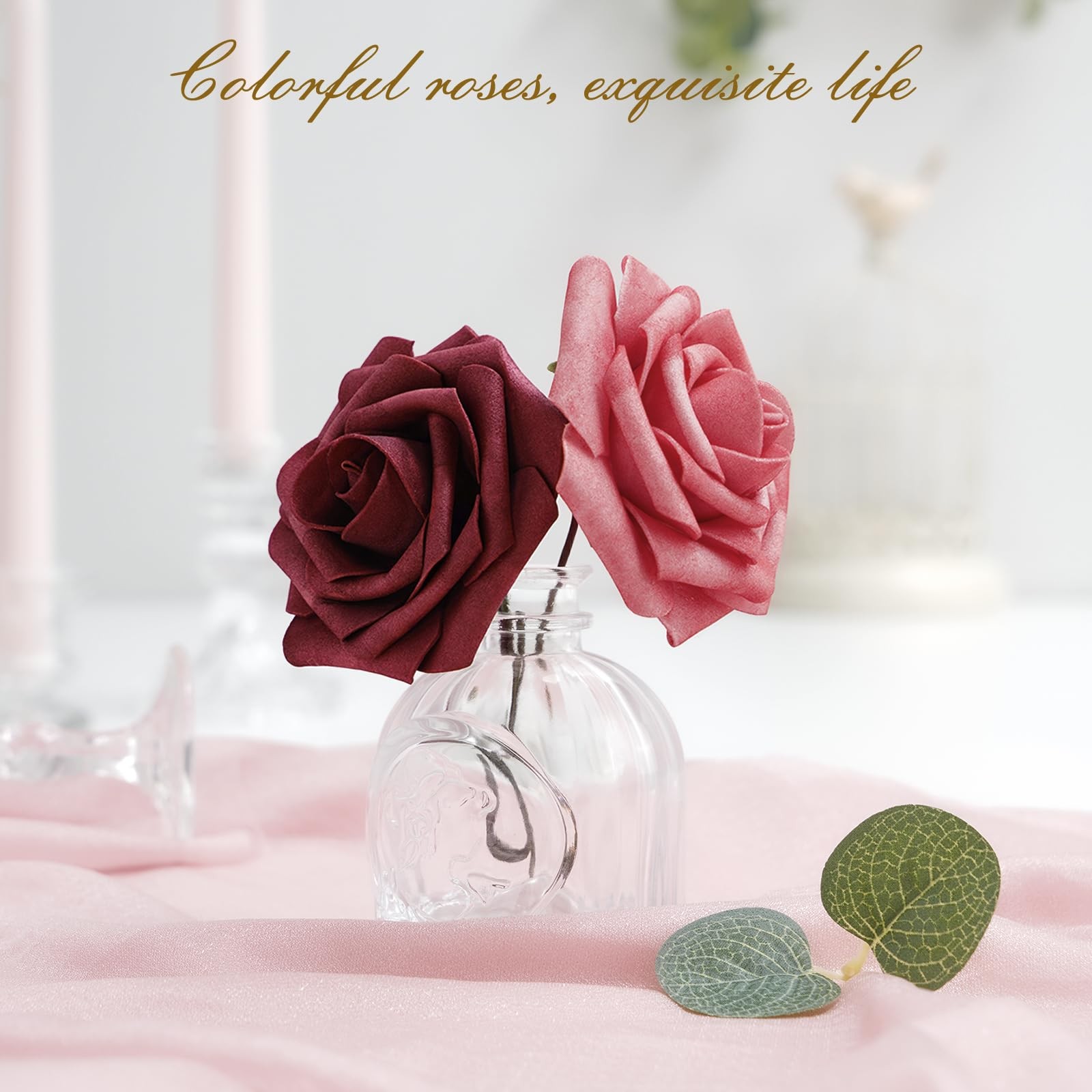 36Pcs Artificial Flowers Fake Roses with Stems, Gradient Burgundy Boxed Foam …