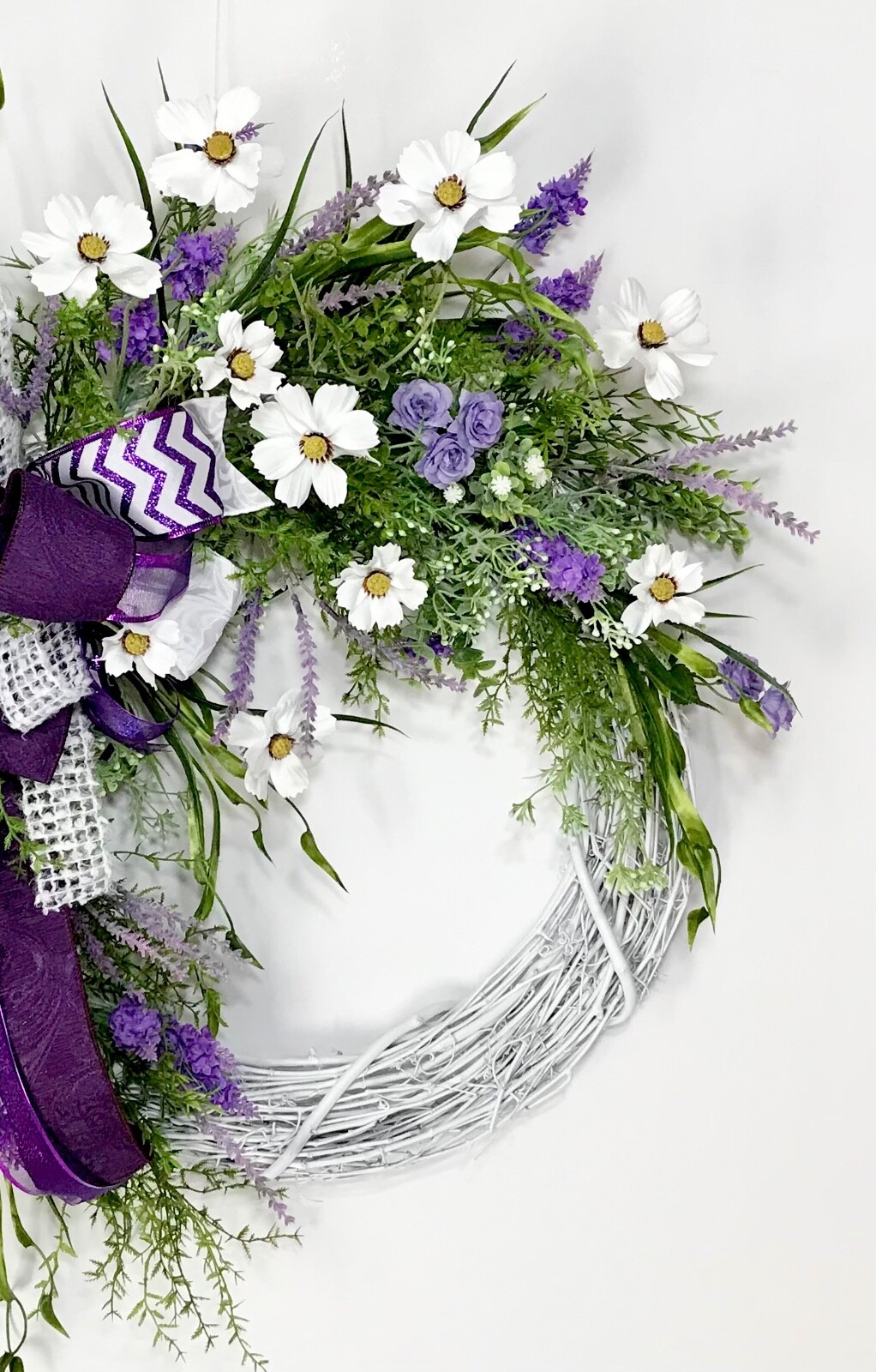 SPRING WHITE GRAPEVINE WREATH FRONT DOOR PURPLE SPRING FLOWERS HANDMADE NEW
