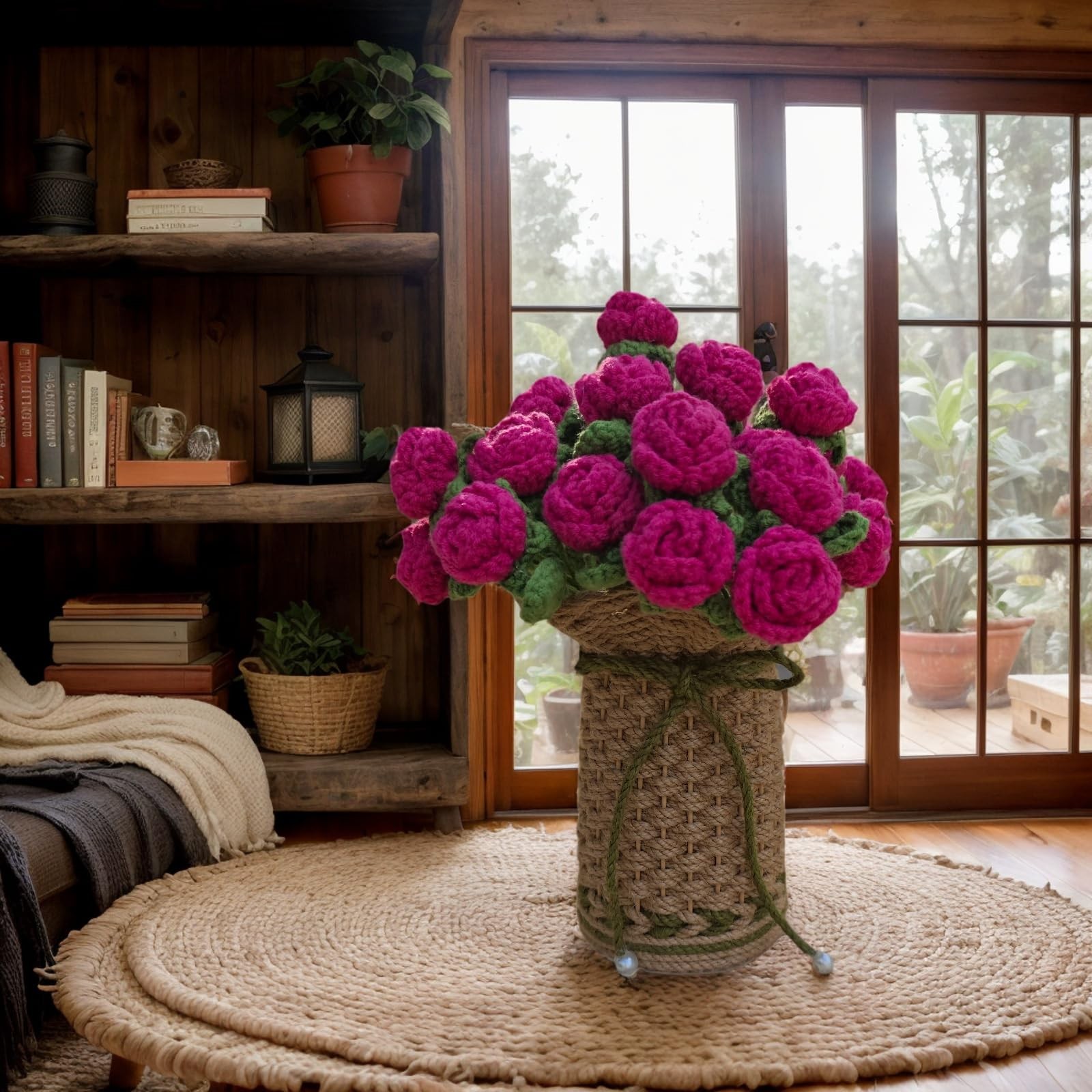 Crochet Red Roses Artificial Flowers Bouquet Knitted Vase Mothers Day Gift