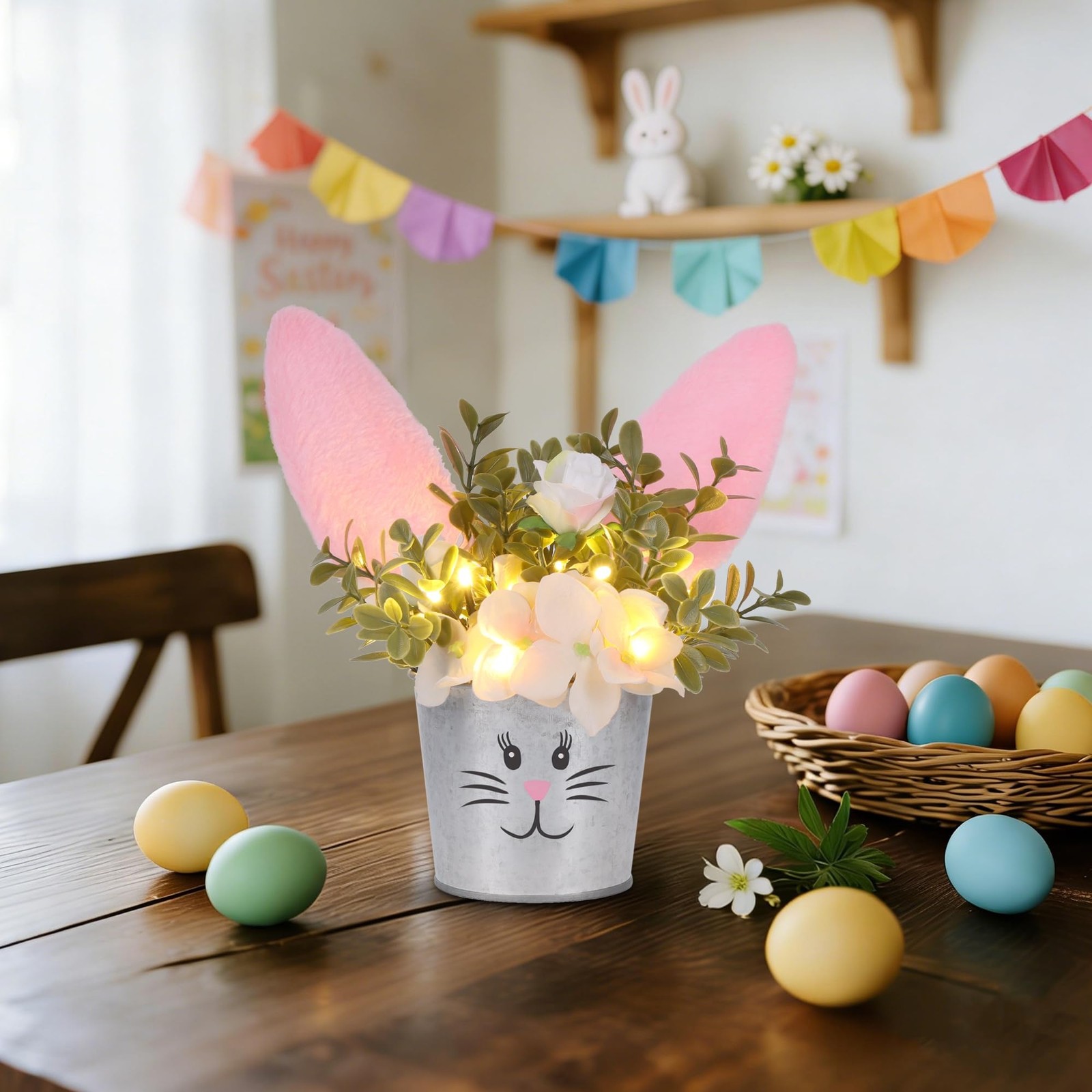 Easter Table Decorations Artificial Flower Bunny Ear Lighted Desk 1 PCS