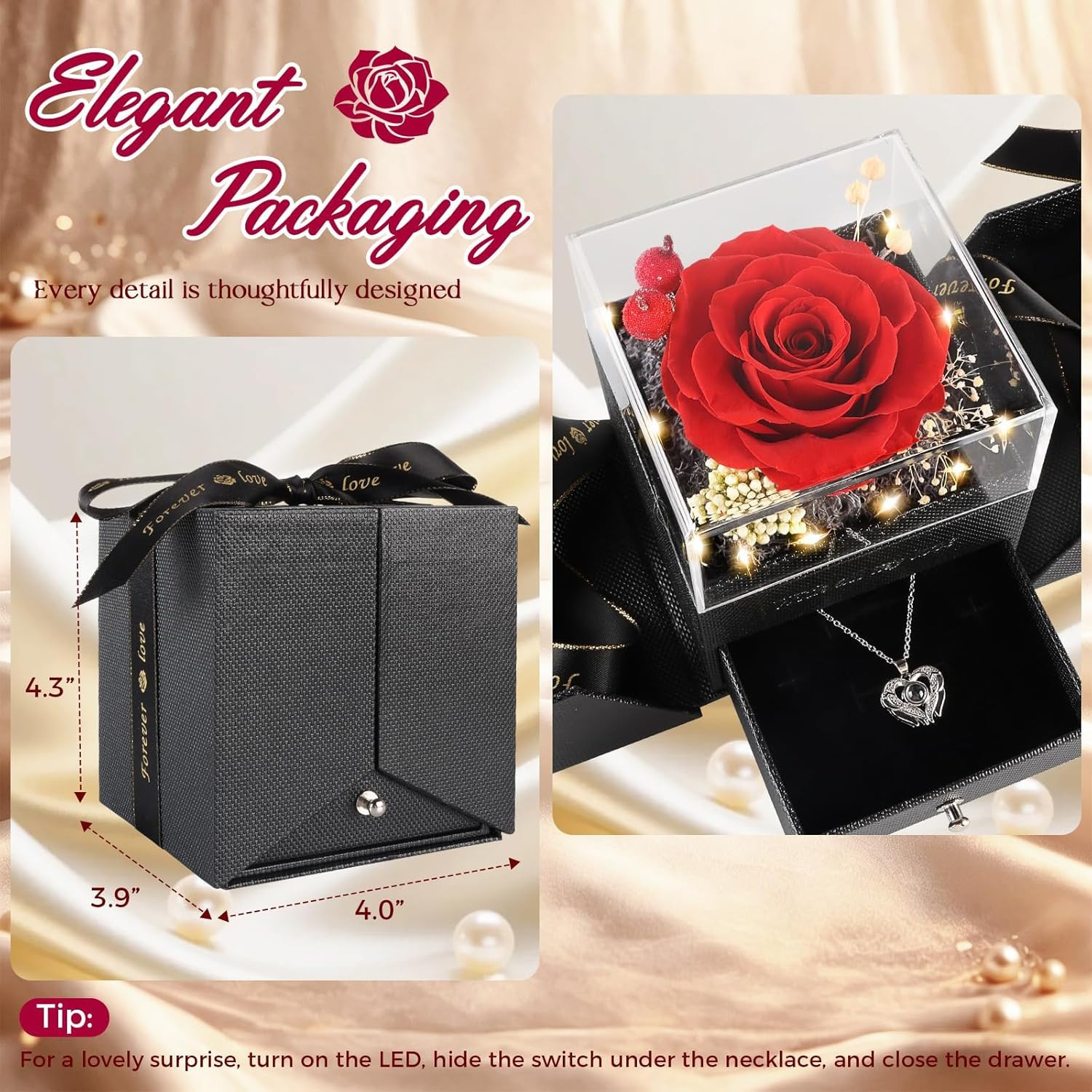 Gifts for Women, Preserved Real Red Rose Gift Box with Heart