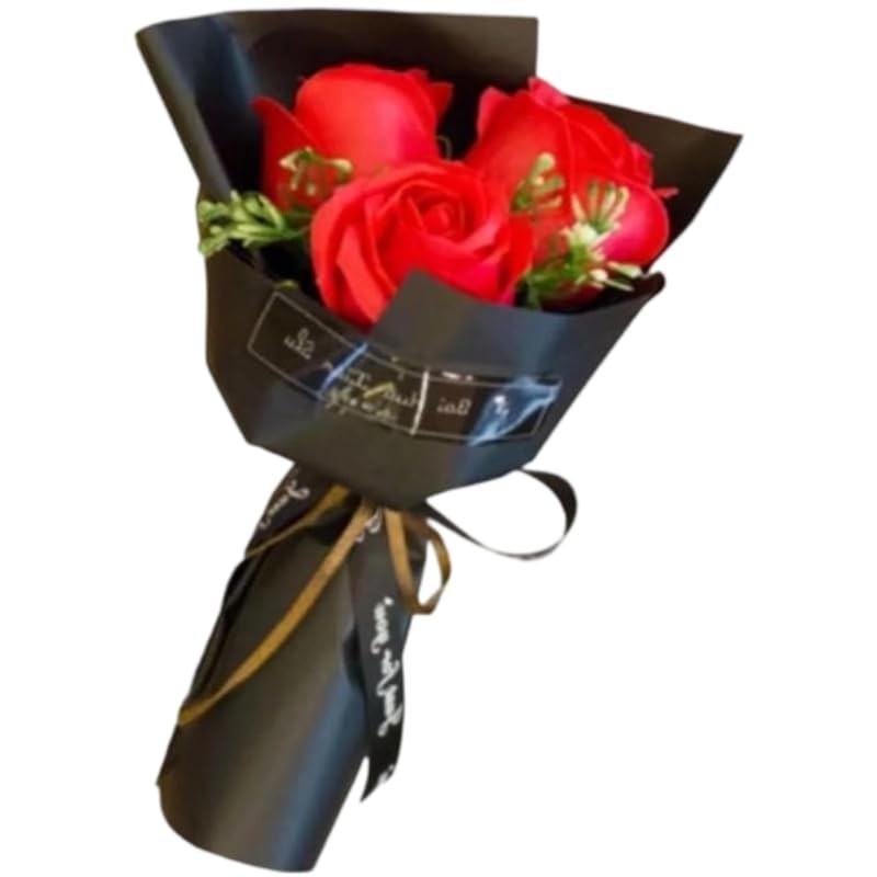 Red 3 Heads Artificial Rose Bouquet Soap Flower Petals Valentine Day Gifts fo…