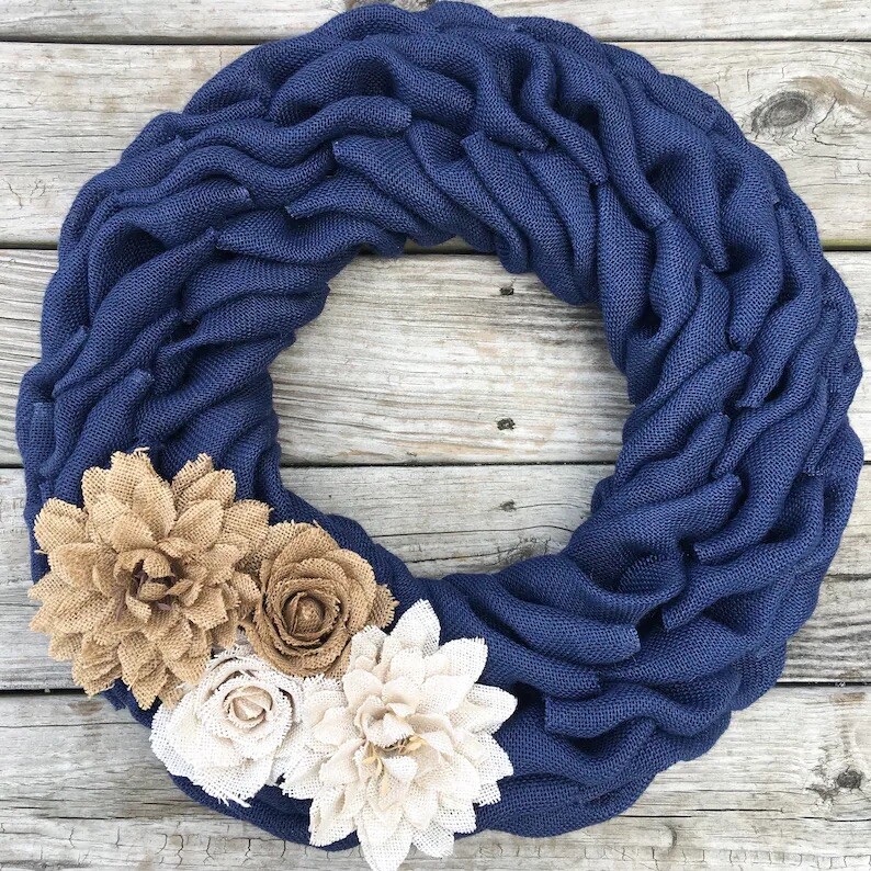 14″ Navy Blue Farmhouse Burlap Wreath HANDMADE