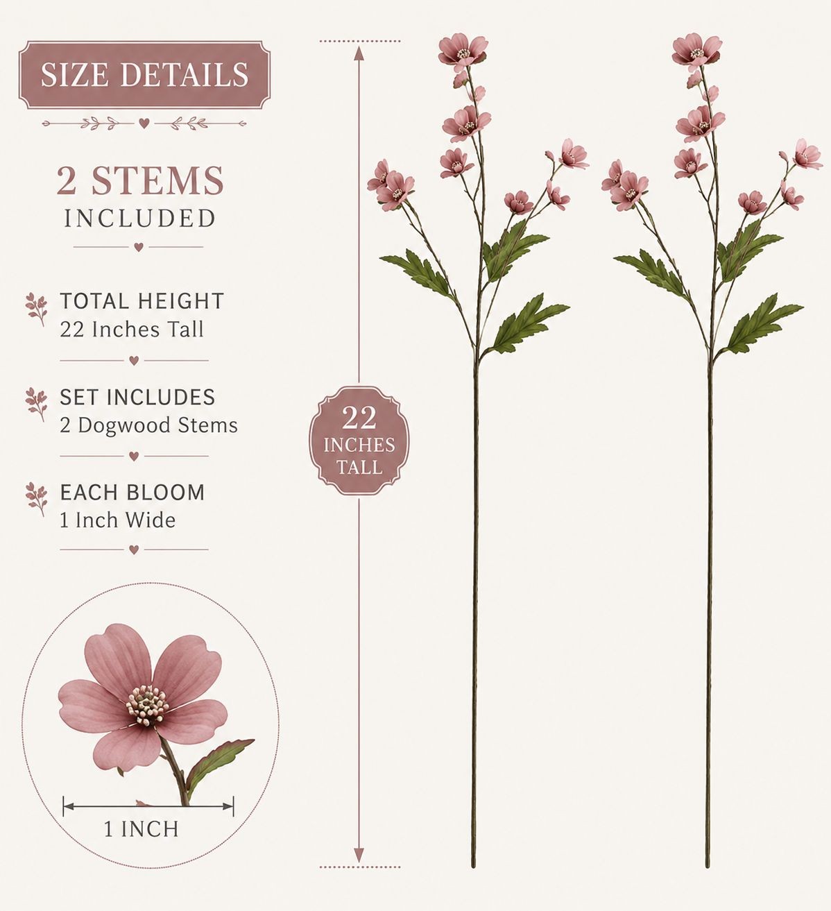 Dusty Rose Dogwood Stems Artificial Dogwood Flowers Faux Floral Branches Cottage