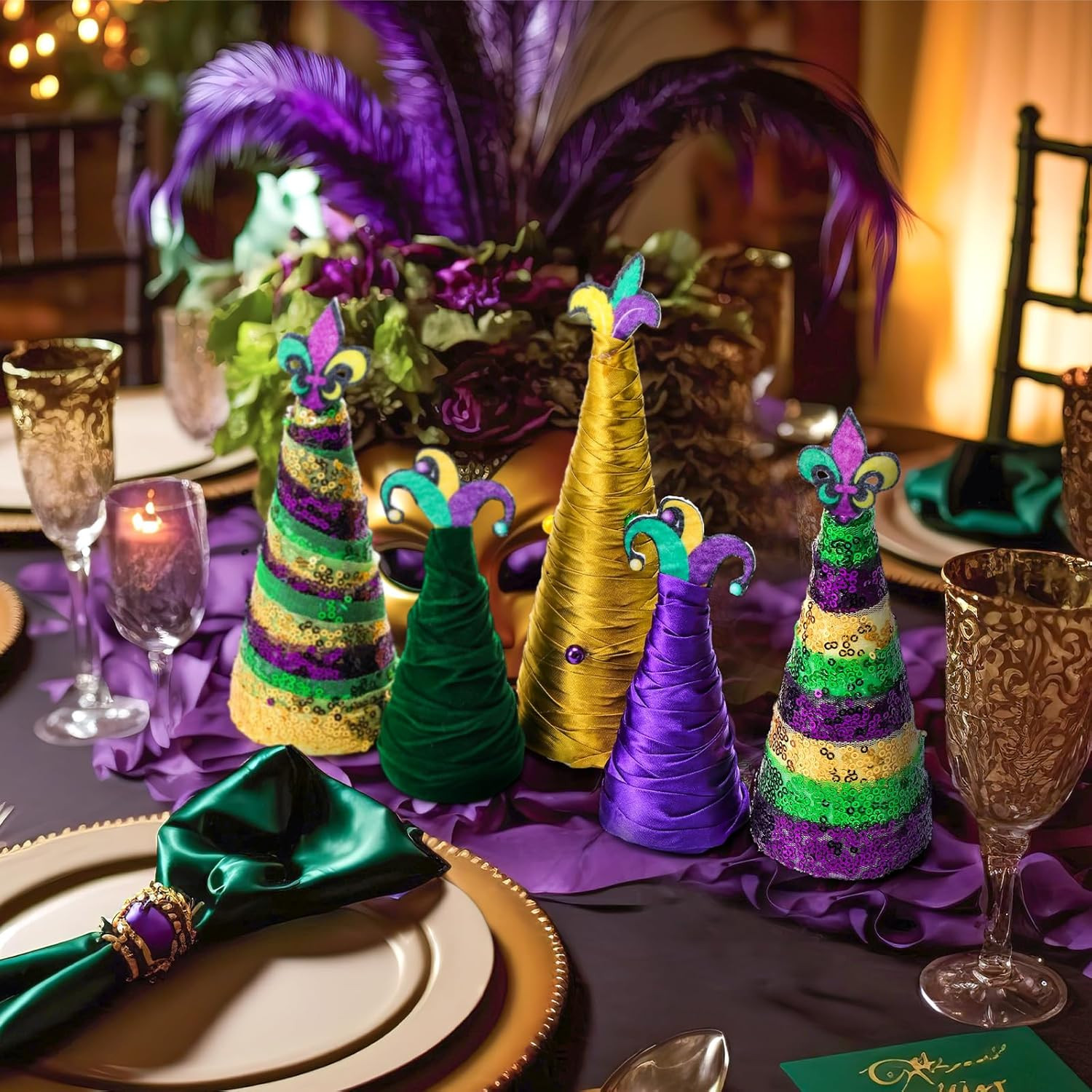 5 Pcs Mardi Gras Decorations Cone Tree Table Decor Yarn Wrapped Purple Green Gol