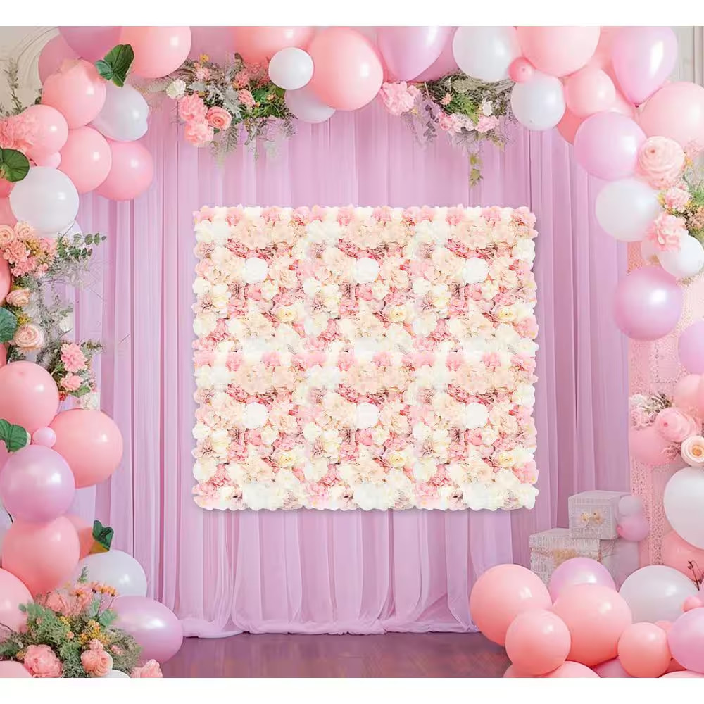6-Piece 23.62 In. X 15.74 In. White and Pink Artificial Rose Flower Wall Panel f