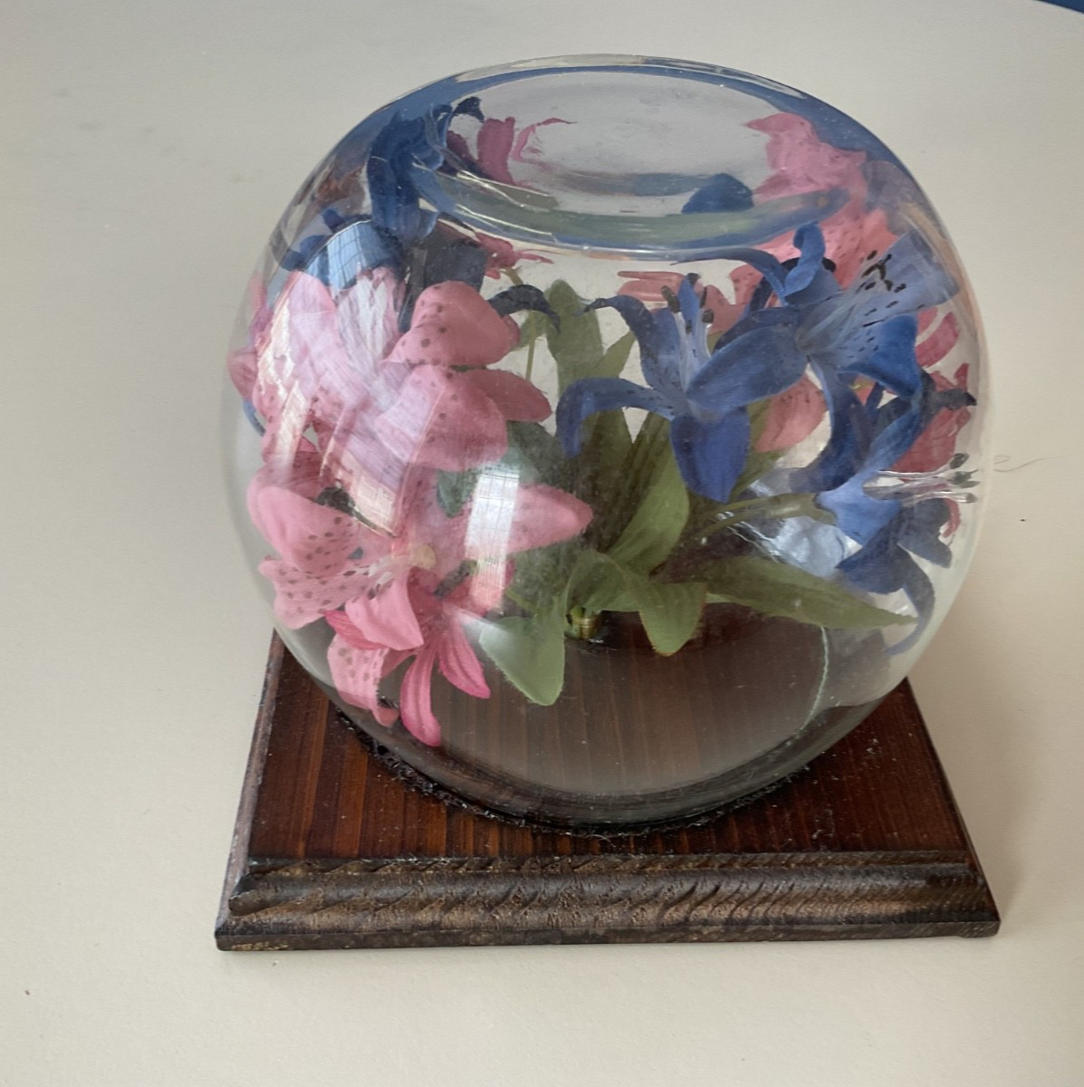 Faux Flowers Clear Dome Cover Wood Base Centerpiece Decor Blue/Pink Floral