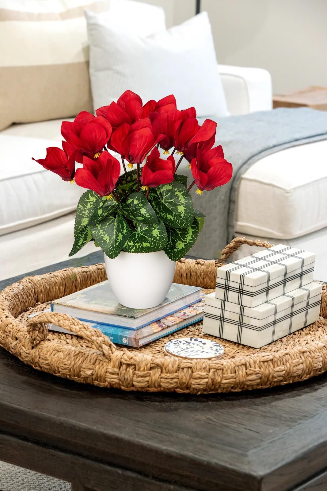 Artificial Red Cyclamen Flowers Potted Fake Silk Plant In White Pot Decor