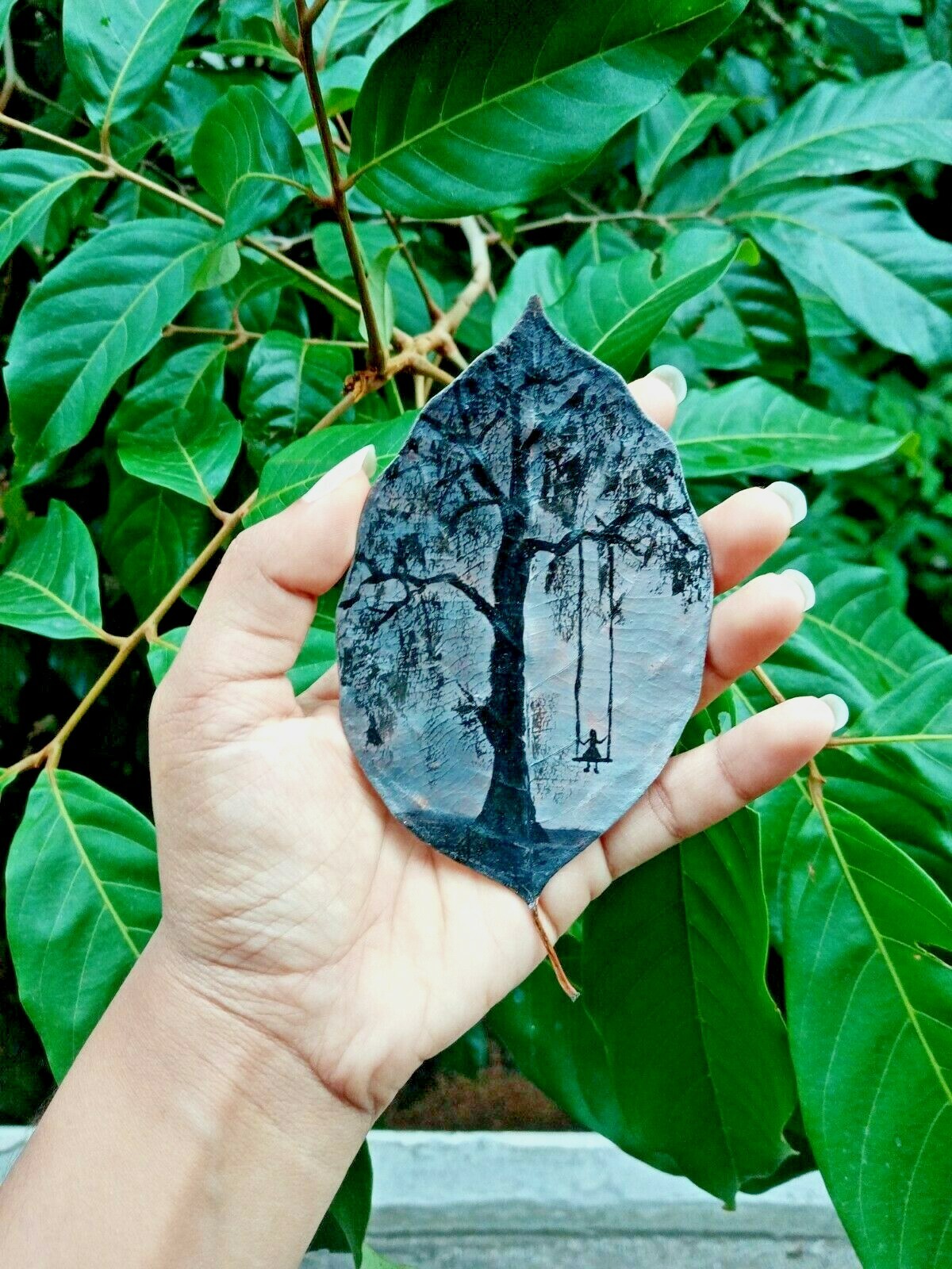 Hand Painted Leaf Art Miniature Dry Acrylic Landscape Drawing Signed By Artist