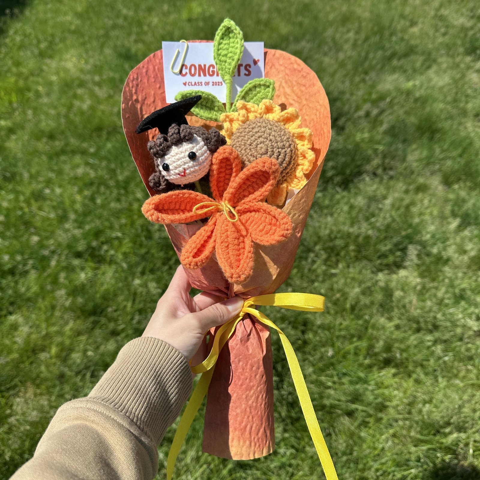 Crochet Sunflower Graduation Doll Bouquet Handmade Graduate Gift Daughter Gift