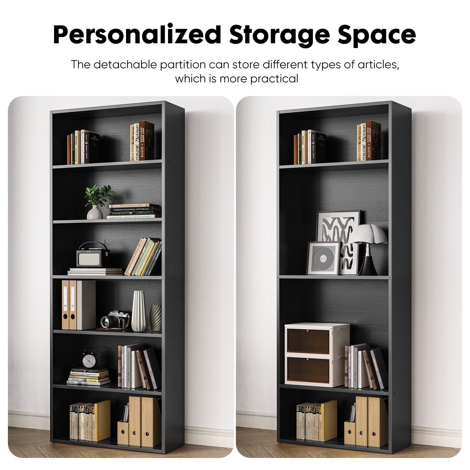 GIANNA 6-Shelf Bookcase, Floor Standing Storage Shelves, Black