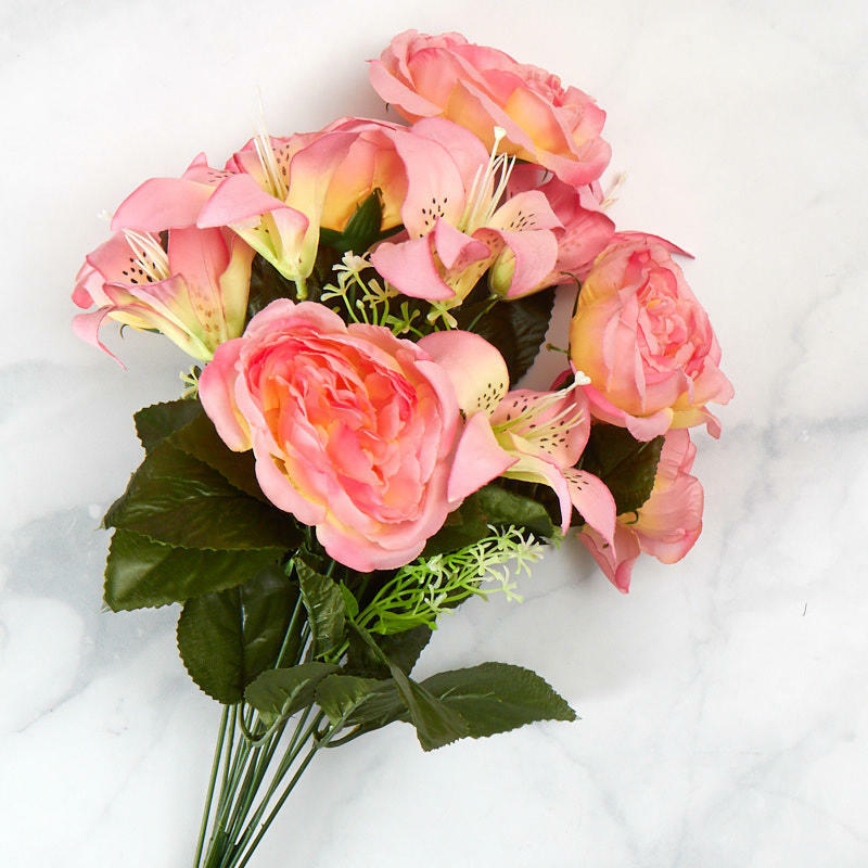 Factory Direct Craft Colorful Pink Poly Silk Rose and Lily Mixed Floral Bus