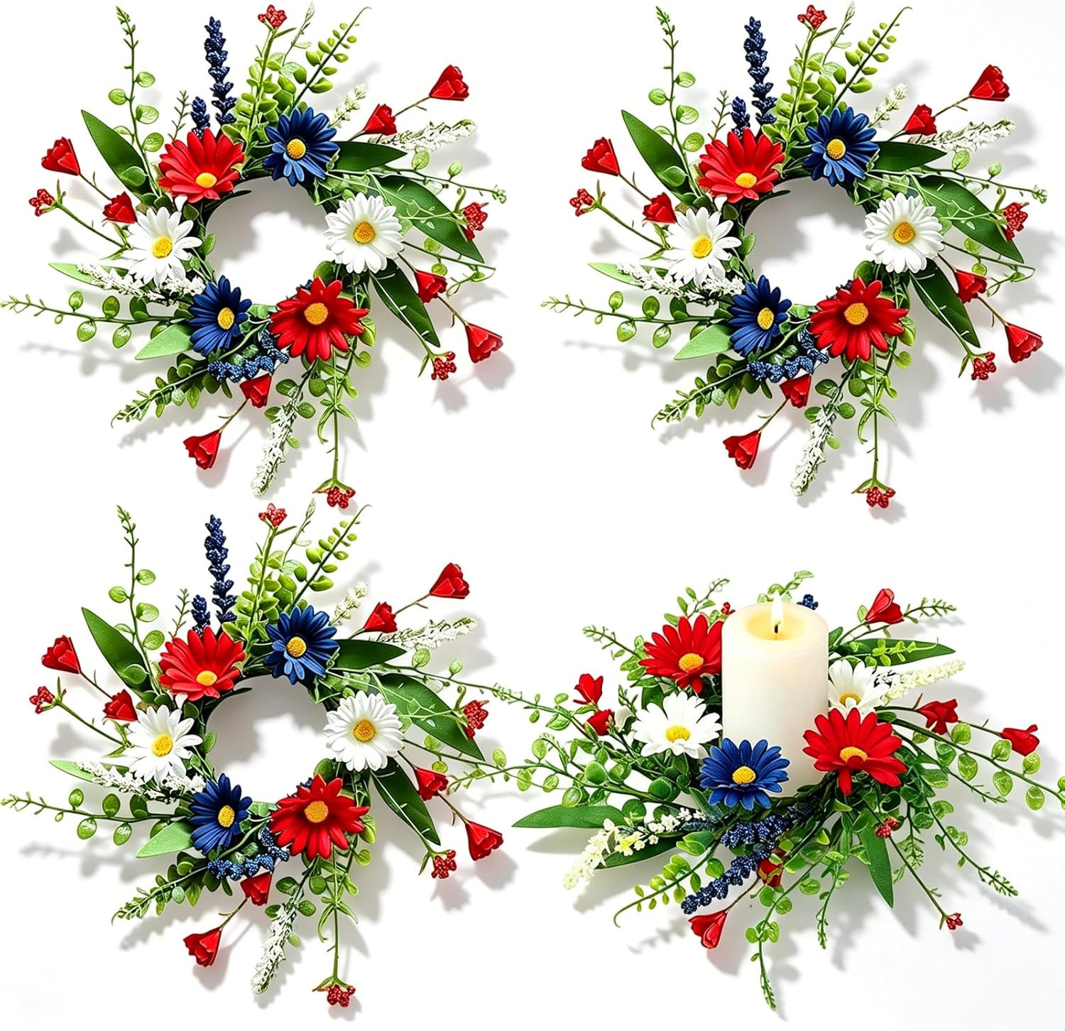 4 PCS Patriotic American Candle Rings Wreaths Artificial 4th of July Floral Cand