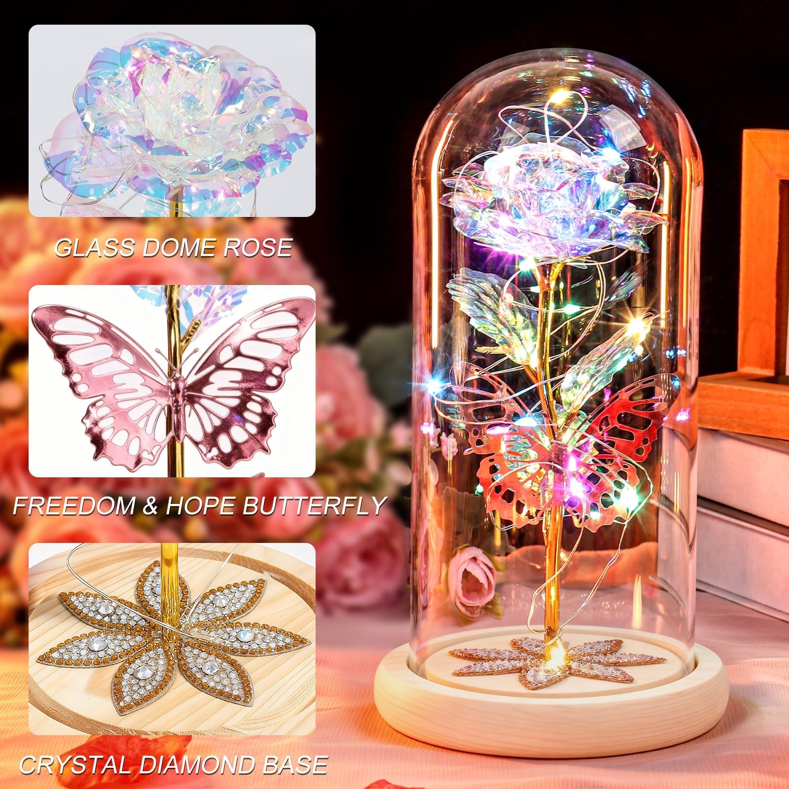 Light Up Glass Dome Galaxy Roses – Preserved Forever Flowers for Mom, Wife, Gran