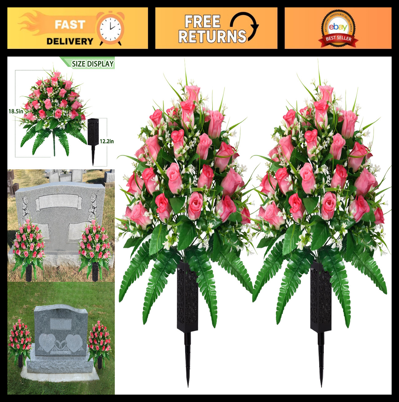 2 Sets Pink Artificial Cemetery Flowers – Realistic Roses for Grave Decor, Non-B