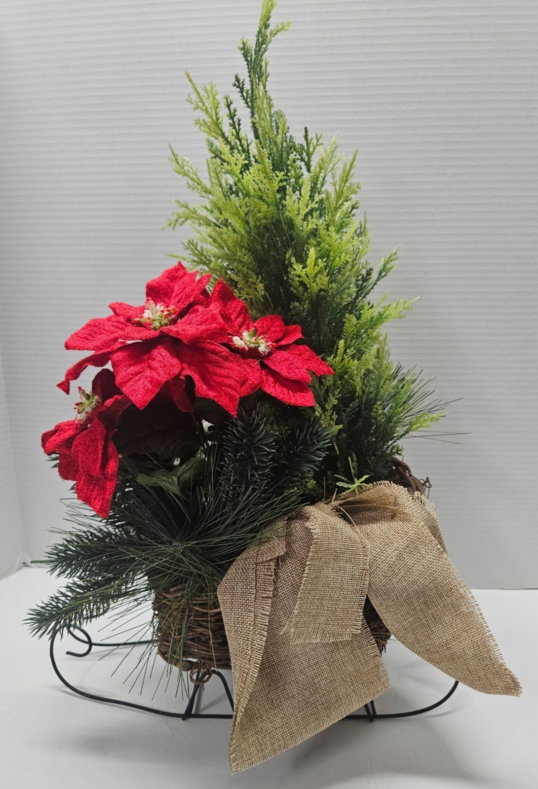 Christmas Sleigh Centerpiece Faux Cedar Pine Poinsettia Burlap Wicker 21in Metal