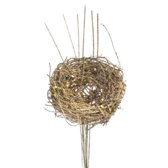 Bulk Package of 12 Gold Glitter Bird Nest 14-1/2″ Tall Picks