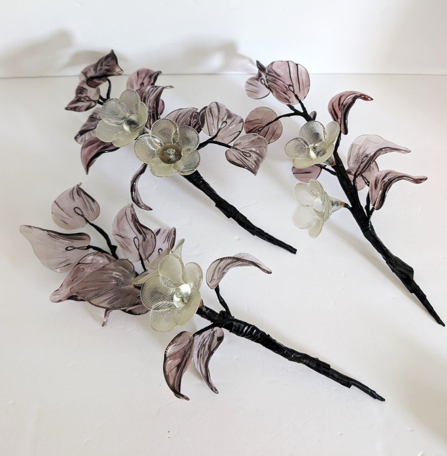 Vintage Hand Blown Glass Smoky Amethyst Flower Branches Set Of 3 Stalks MCM 15″