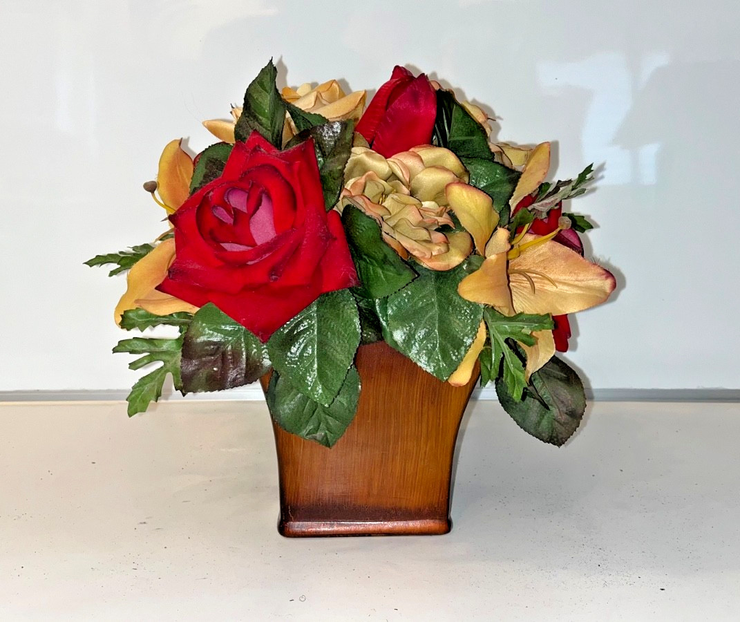 Red & Yellow Faux Flower Roses Centerpiece Beige Mahoga Brown Neutral Home Decor