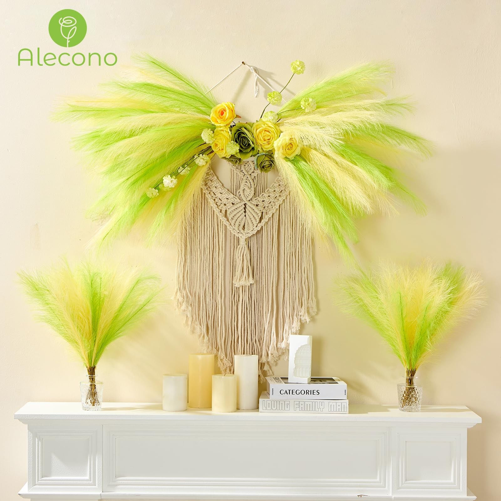 Pampas Grass 17in 𝟯𝟬𝙋𝙘𝙨, Yellow and Green Artificial Faux Fluffy Pampas …