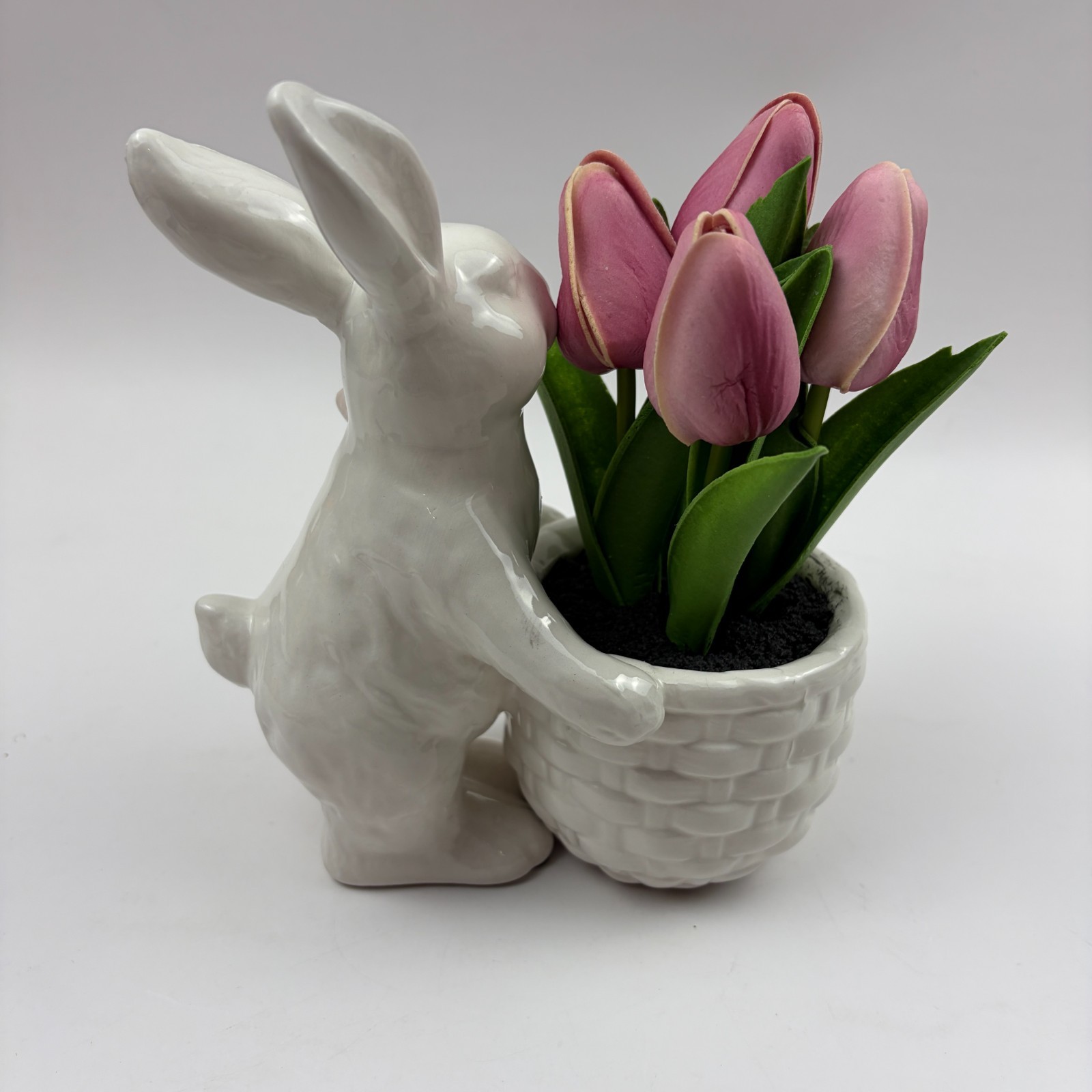 Easter Bunny Ceramic Planter Pink Tulips Spring Decor Table Centerpiece
