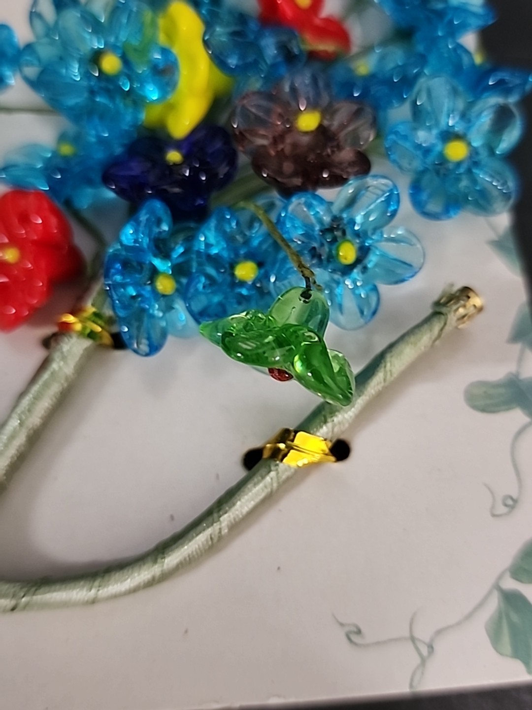 24 Mini Glass Flowers Wire Stem Bouquet Red Blue Yellow Green Purple NOS Lot 3