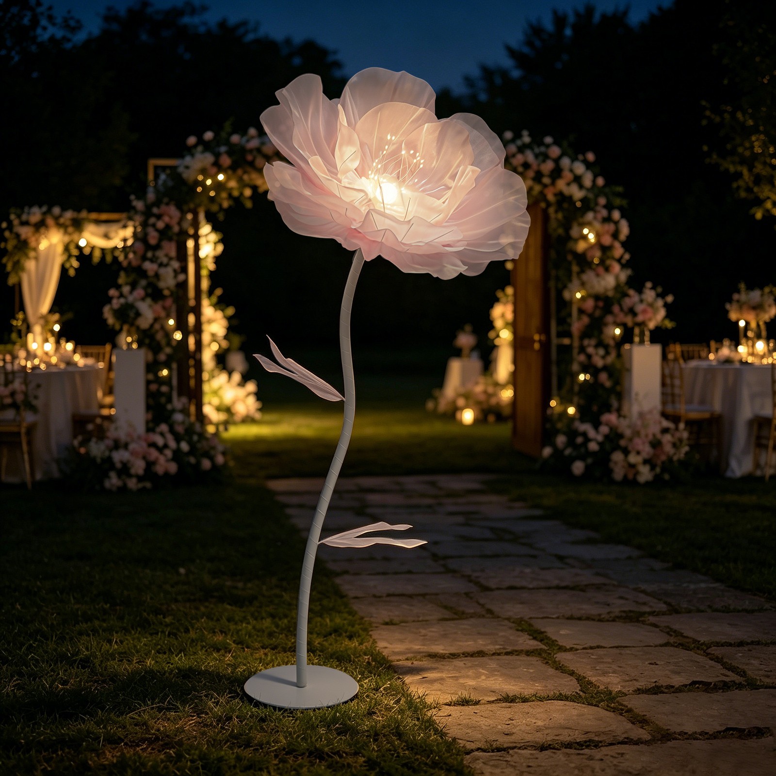 Auto-Open Artificial Flower with LED Light Green Floral Decor For Wedding Party
