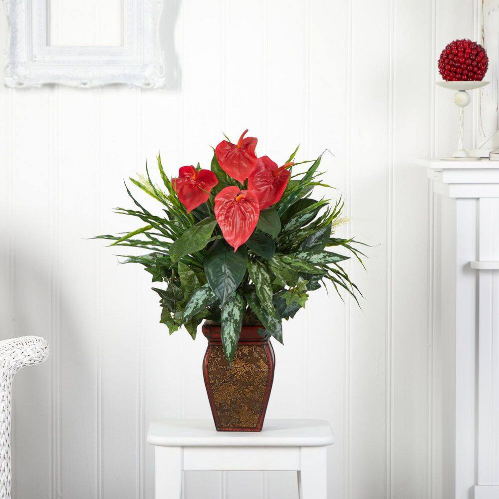 26 In. Green Artificial Mixed Greens and Anthurium in Decorative Vase
