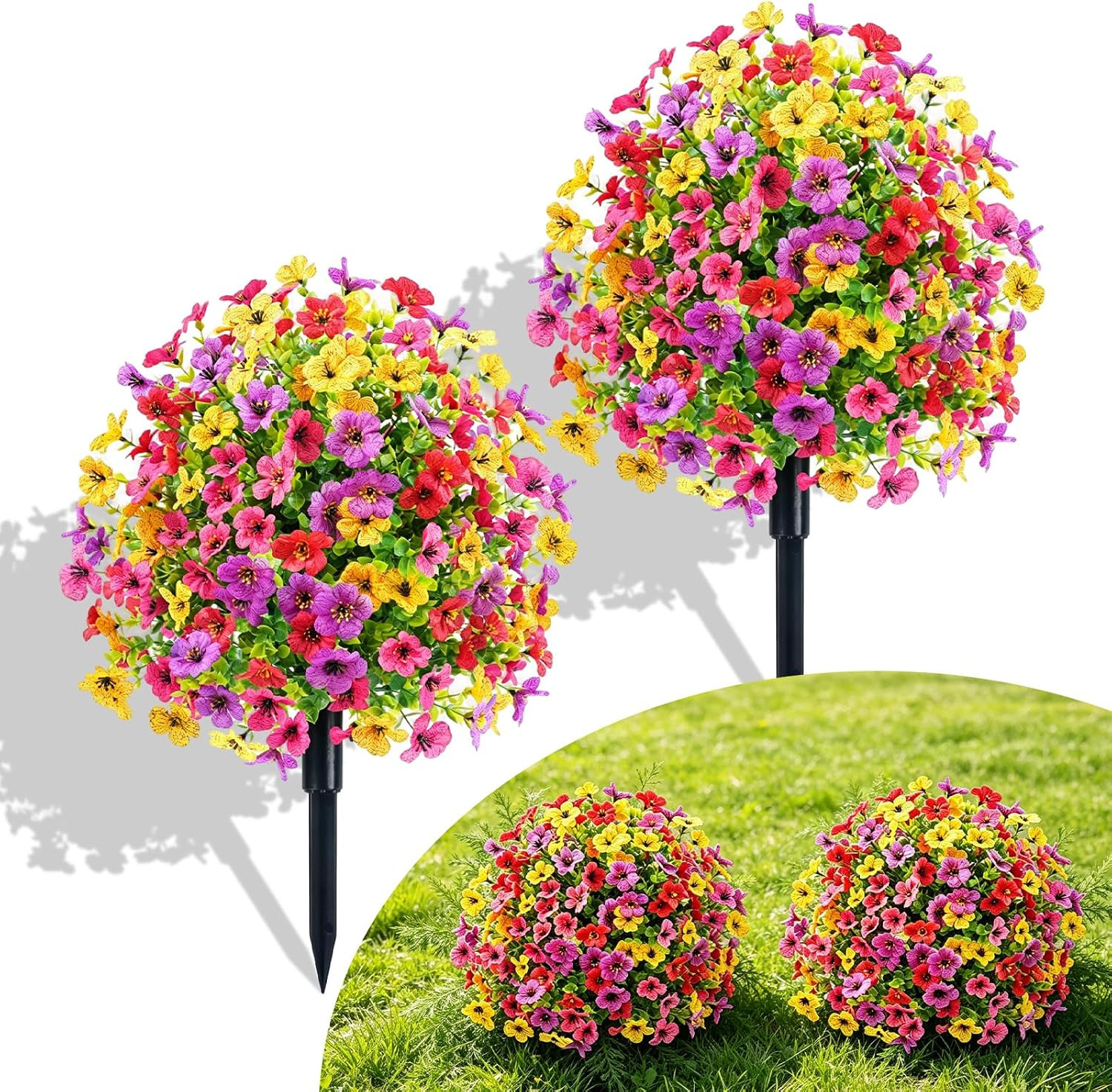 Violet Flower Topiary Ball Trees – 2 Pack 23.6″ UV Resistant Faux Plants