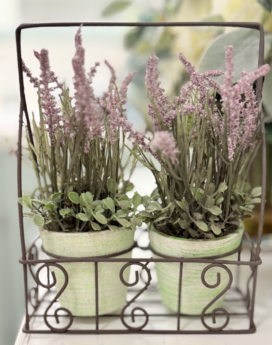 Farmhouse 9” Lavender Plants With Greenery In Pots With Rustic Metal Stand