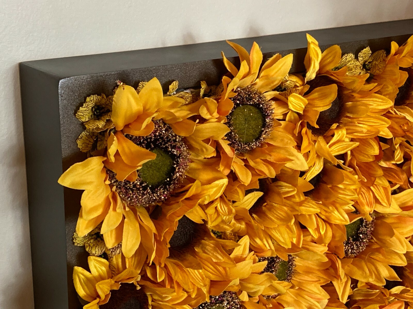 24″x24″ Sunflowers & small yellow Silk flowers Brown Frame Original Artwork