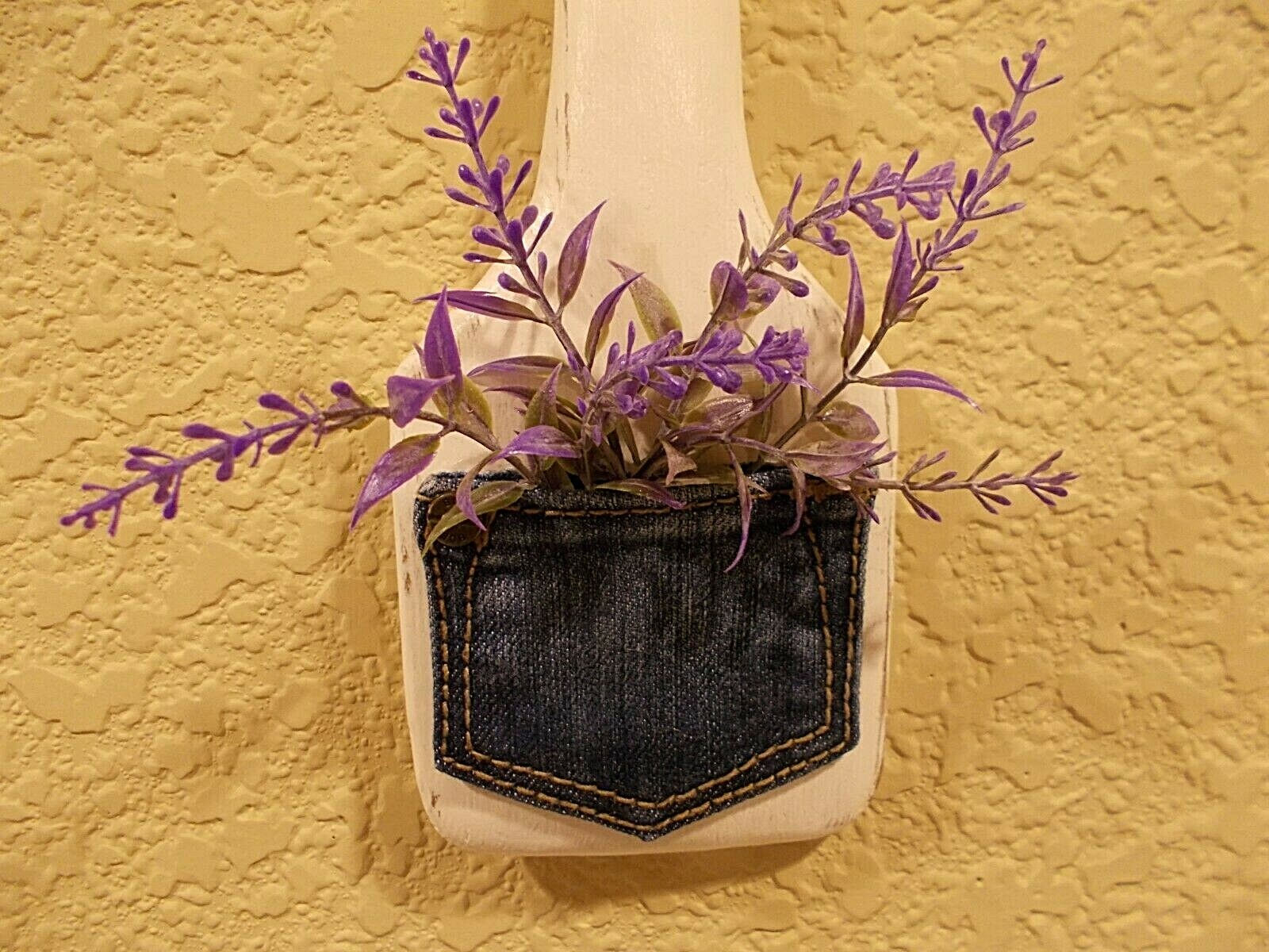 Butter Paddle Small Wooden with Small Denim Pocket of Faux Lavender Handcrafted