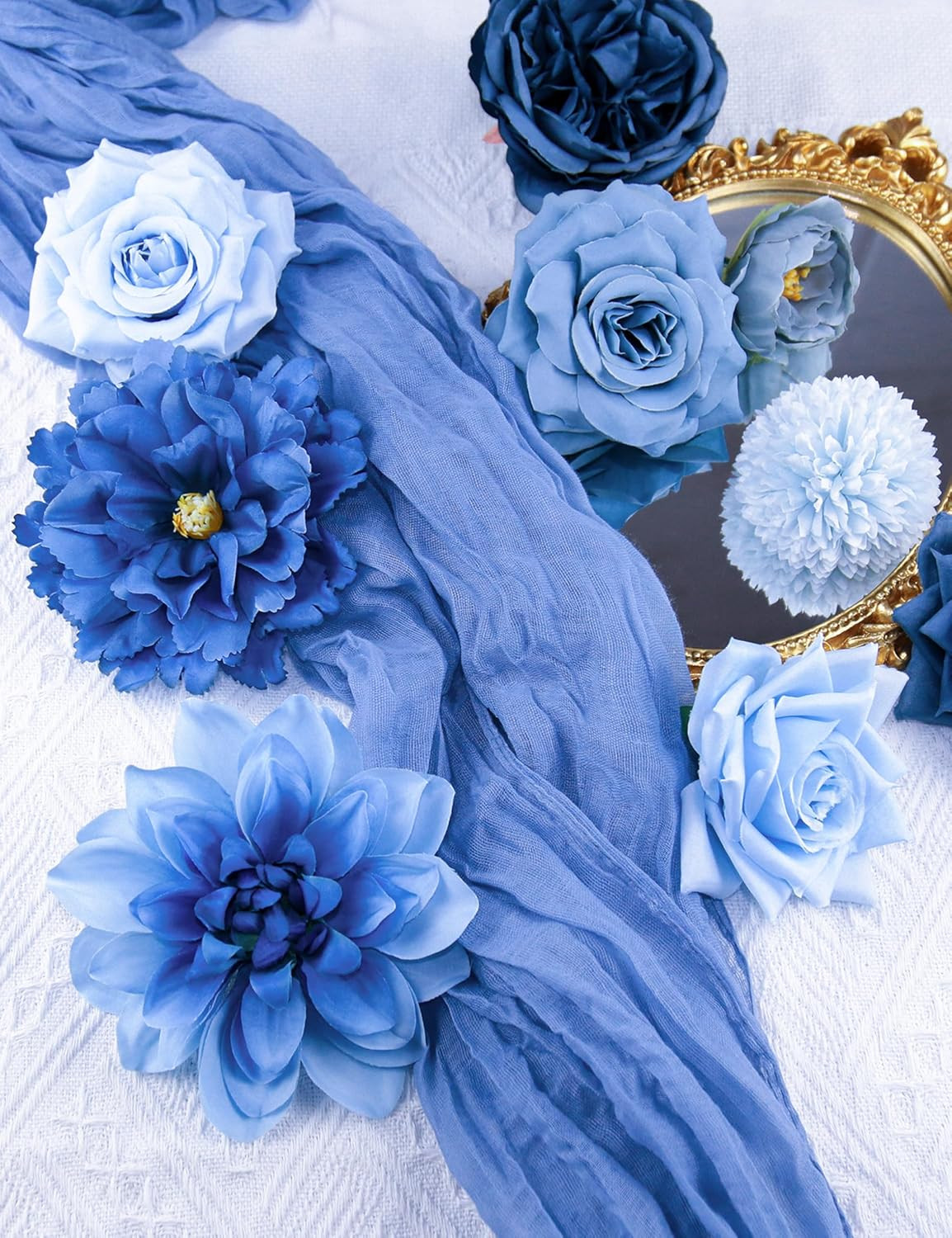 Blue Artificial Flowers Bulk Set Silk Peony Rose Bouquet DIY Wedding Decor