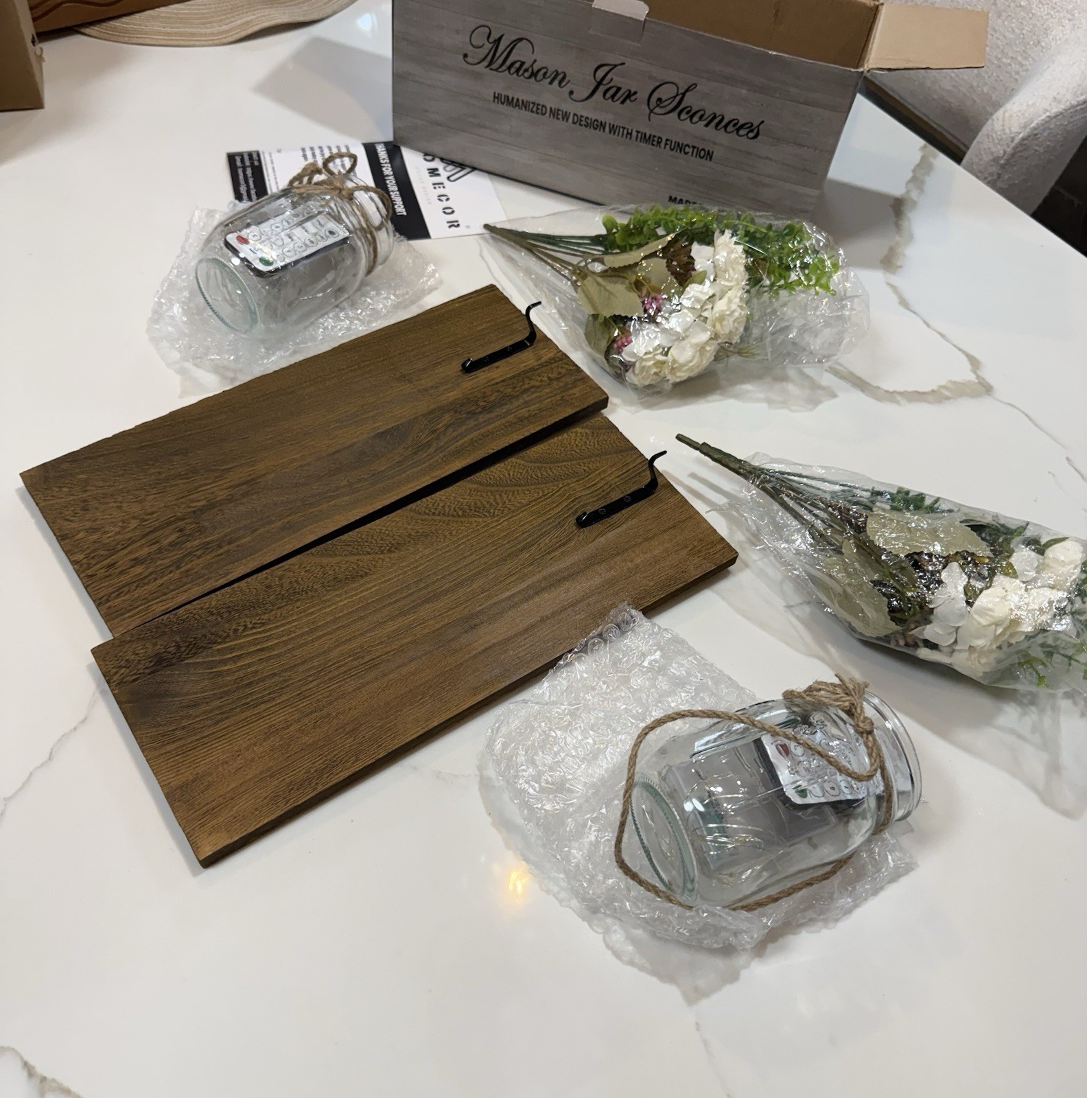 Rustic Mason Jar Wall Sconces with White Flowers Decorative Art Sconces NWT