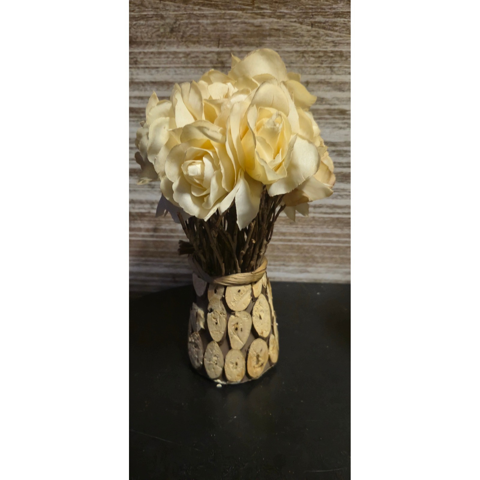 Cream Faux Rose Floral Arrangement in Rustic Wood Slice Base Farmhouse Decor