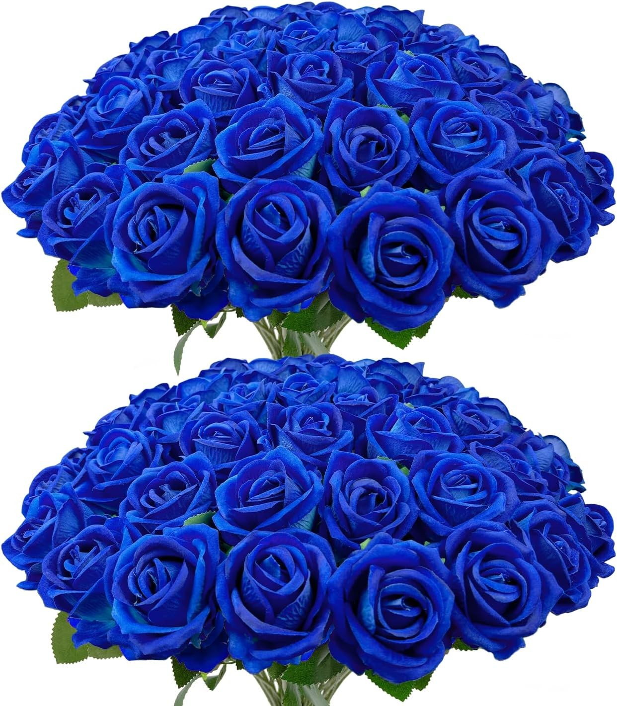 Bulk Artificial Flowers 50 PCS Fake Velvet Silk Blue Roses W/ Long Stems