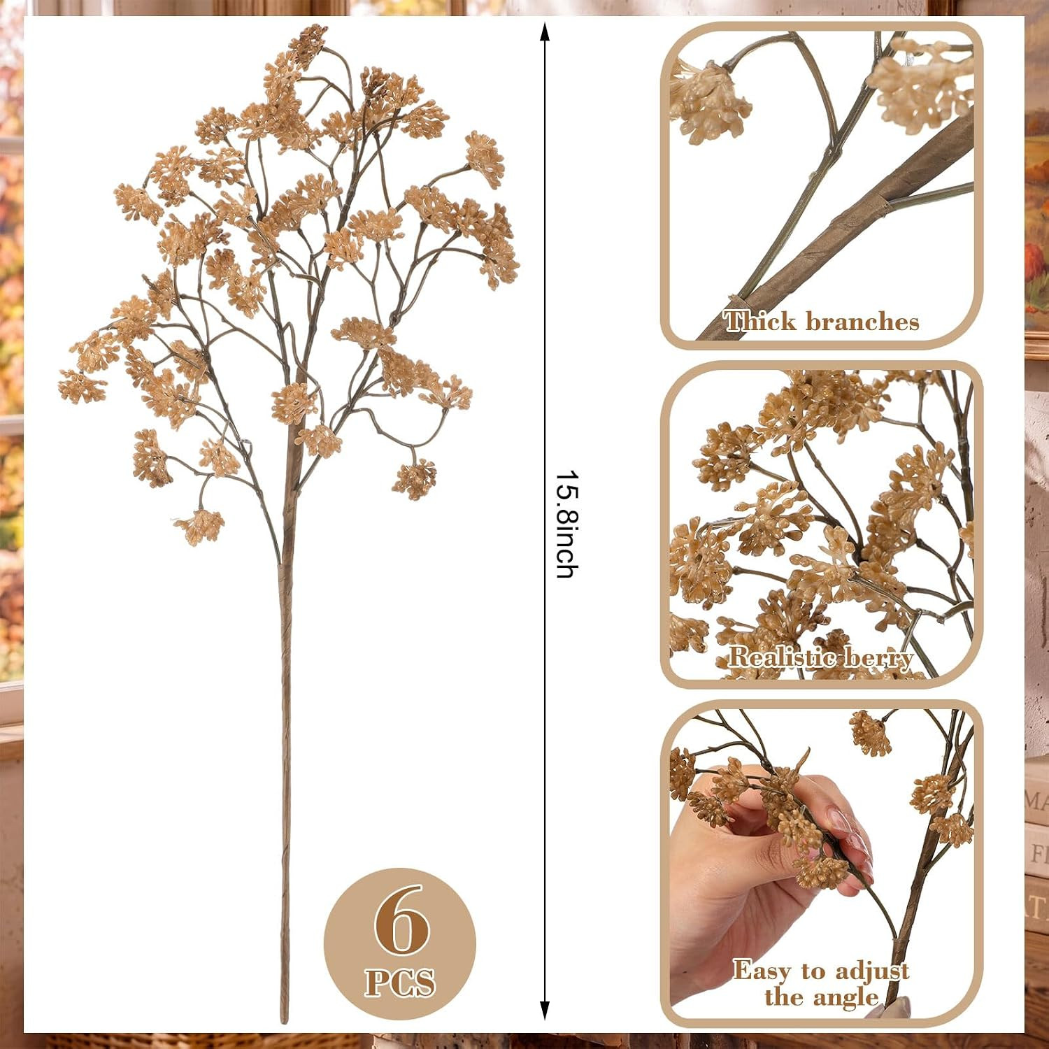 Beige Faux Berry Stems – 6 Pcs Realistic Sedum Picks for Fall Decor