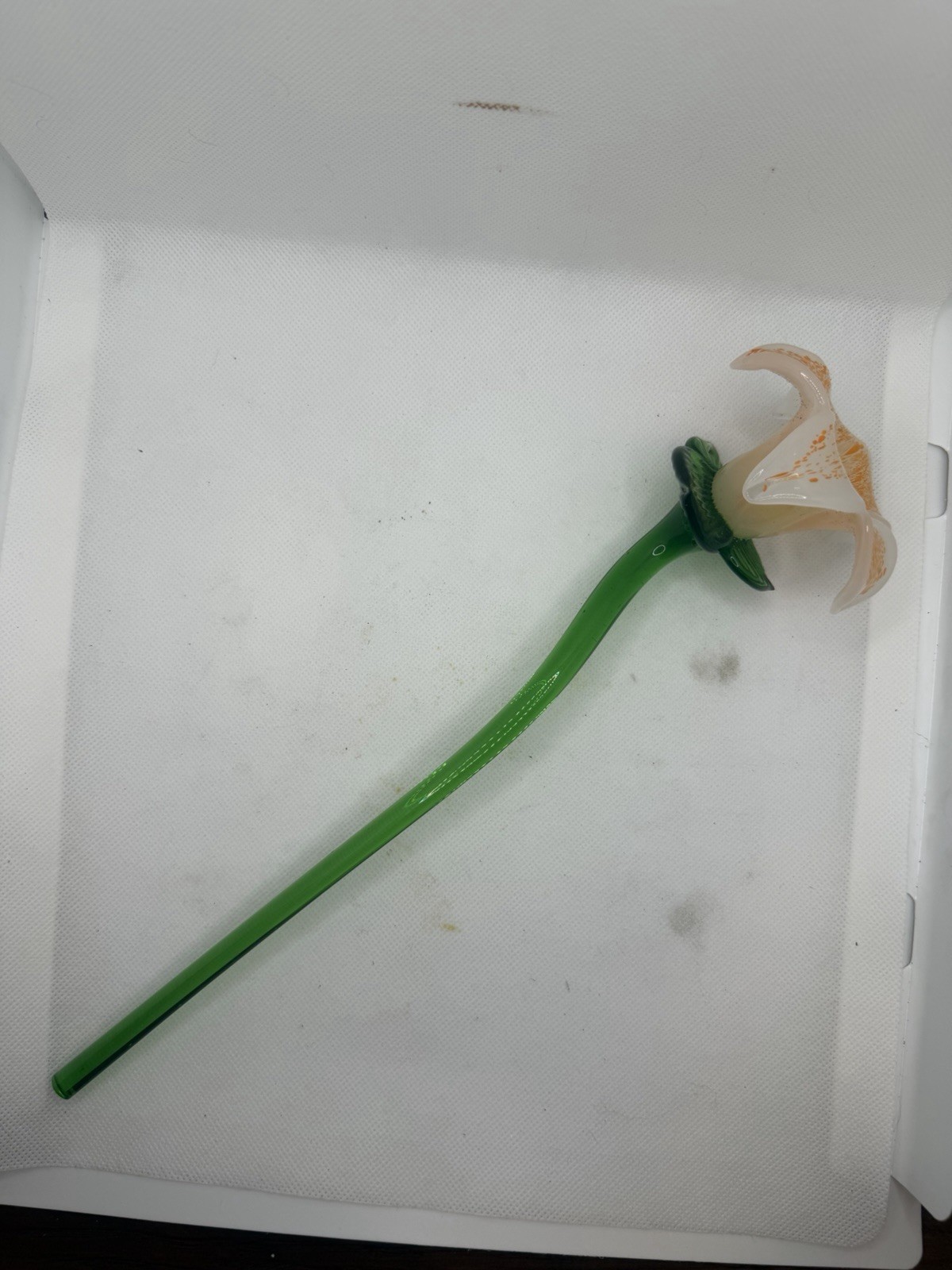 Glass Artificial Flower Stem Twig & Stem, Green with White & Orange Floral