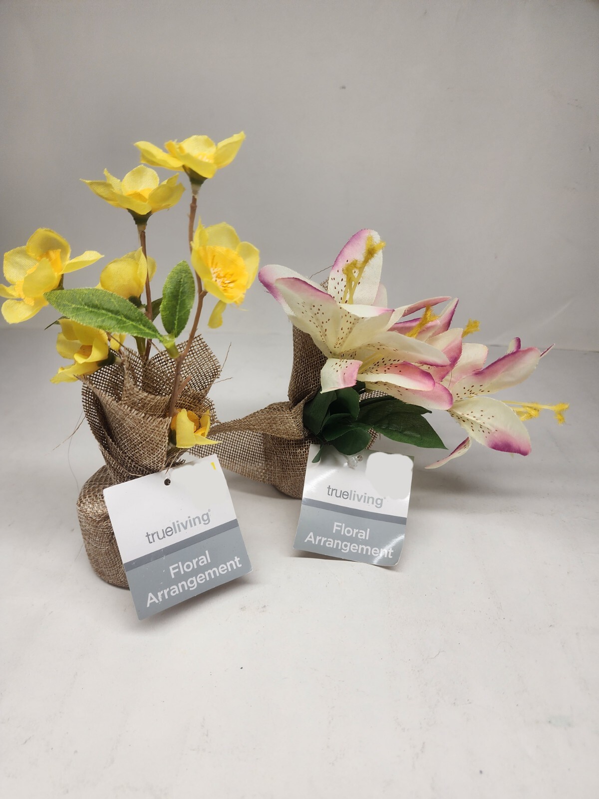 Lot of 2 True Living Floral Arrangements Artificial Burlap Yellow White Flowers