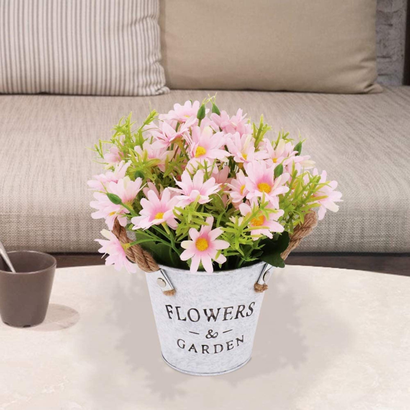 Artificial Daisy Flowers in Metal Pot Fake Pink Daisies Potted Plant Home Decor