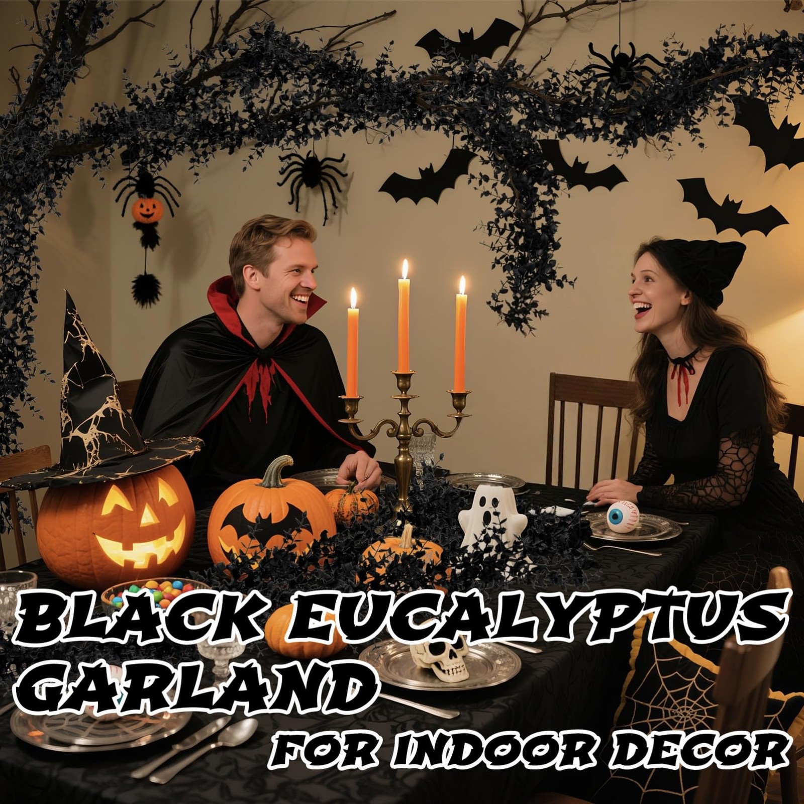 Black Halloween Garland for Mantle- 2PCS 5.9Ft Artificial Black Eucalyptus Ga…
