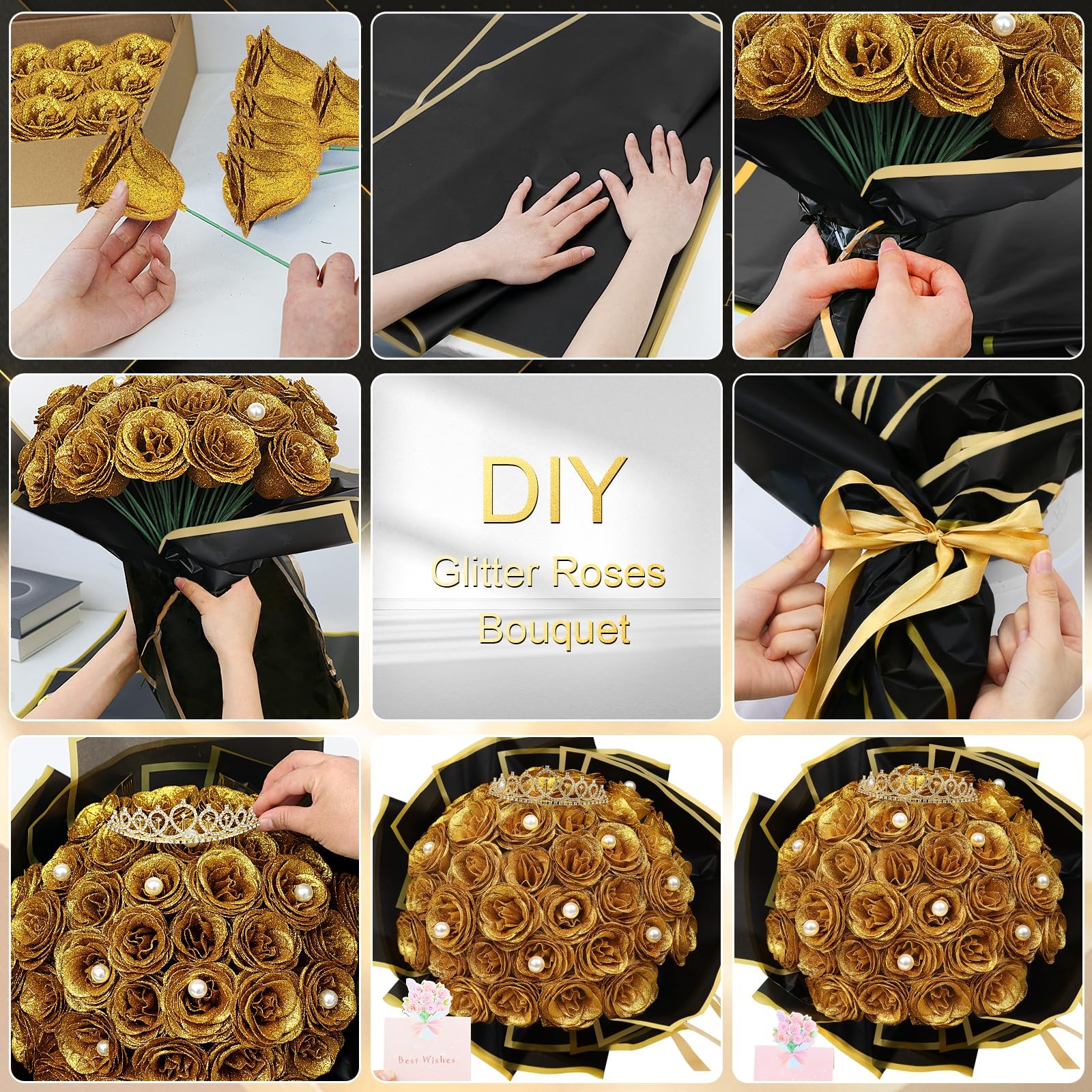 DIY Glitter Roses Bouquet Gold- 36 Pack Fake Shiny Flowers with Stems Eternal…