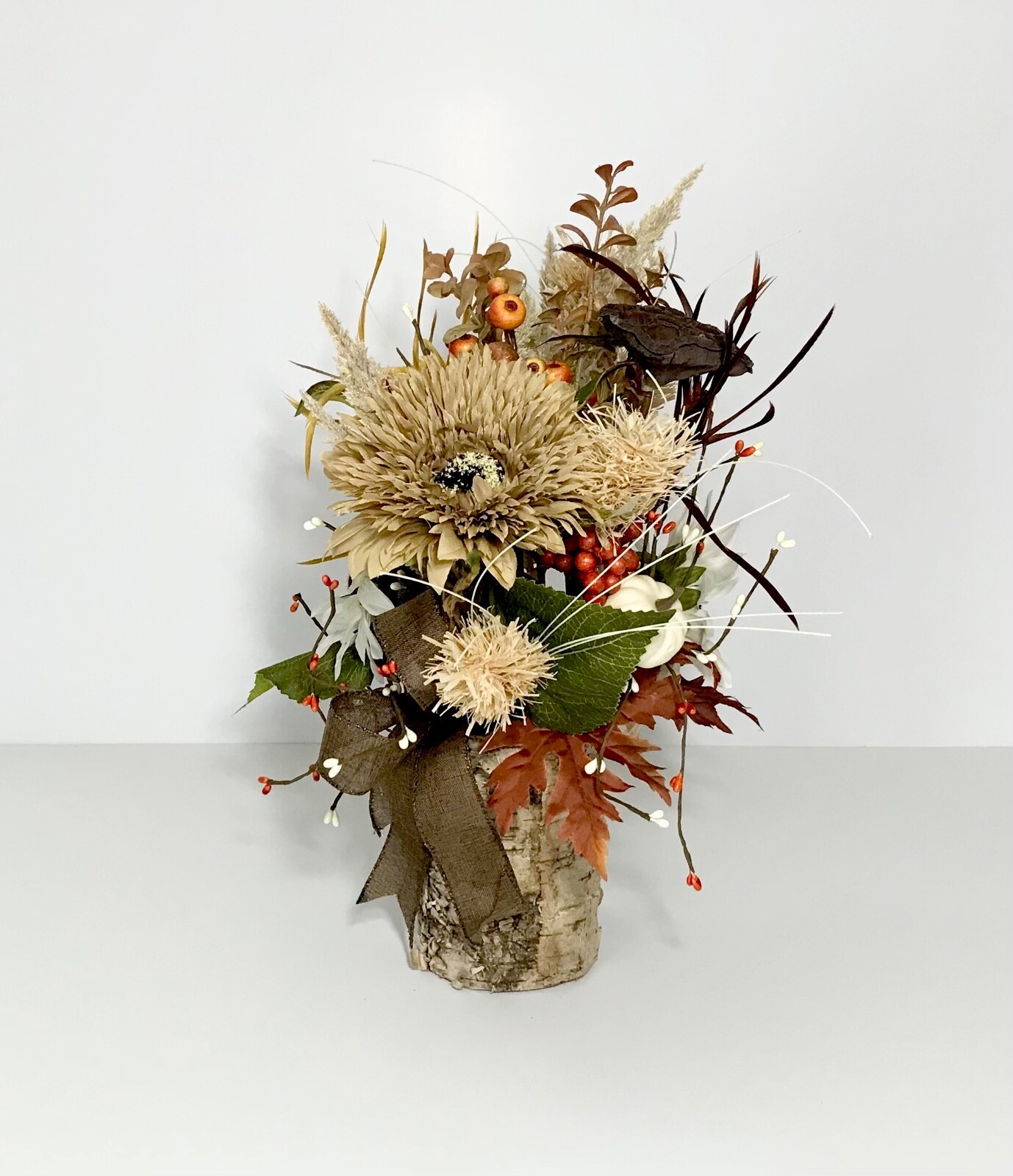WHITE SUNFLOWERS EARTH TONE ARRANGEMENT FALL LEAVES HARVEST CENTERPIECE HANDMADE