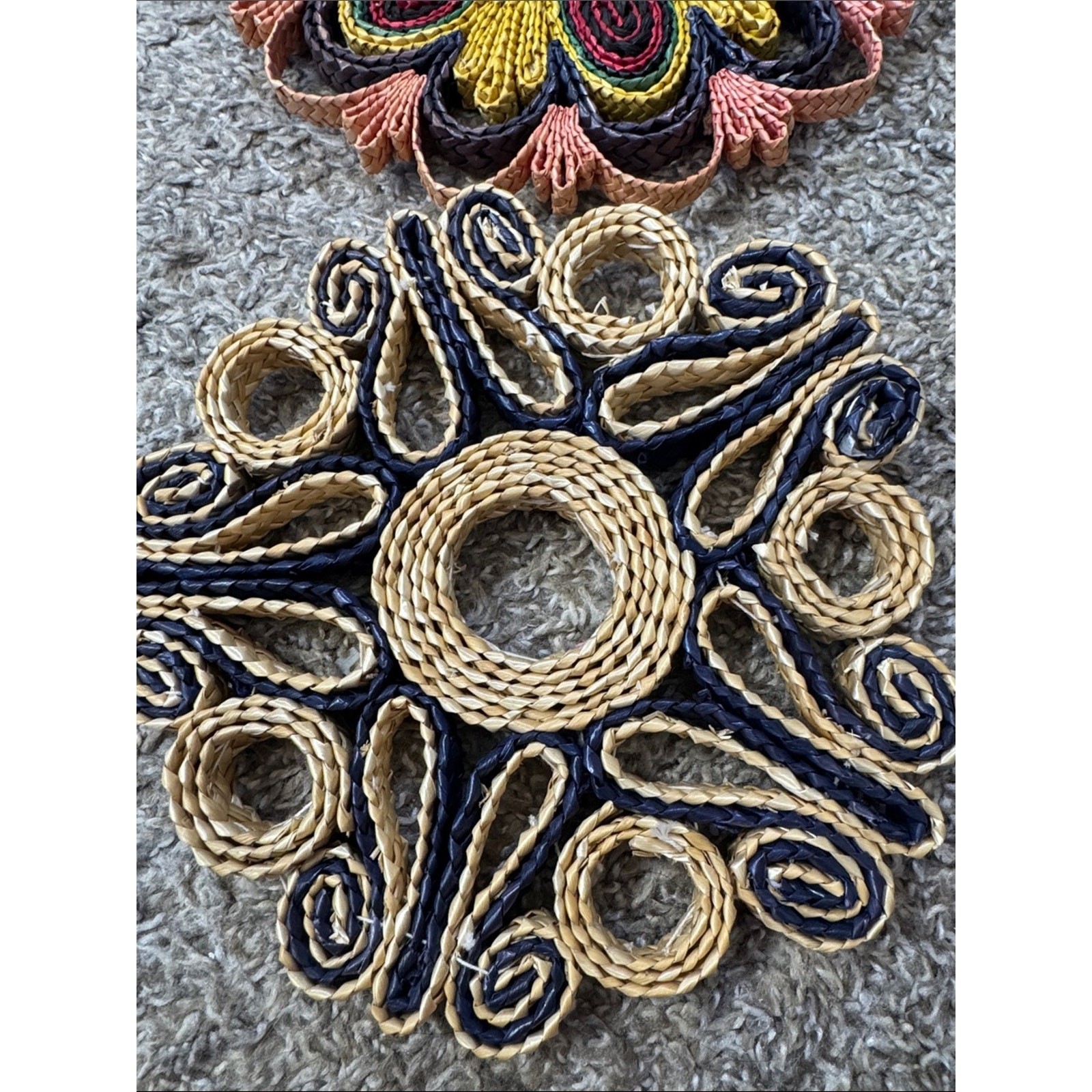 Vintage Woven Raffia Straw Trivet Bundle Pink Tan