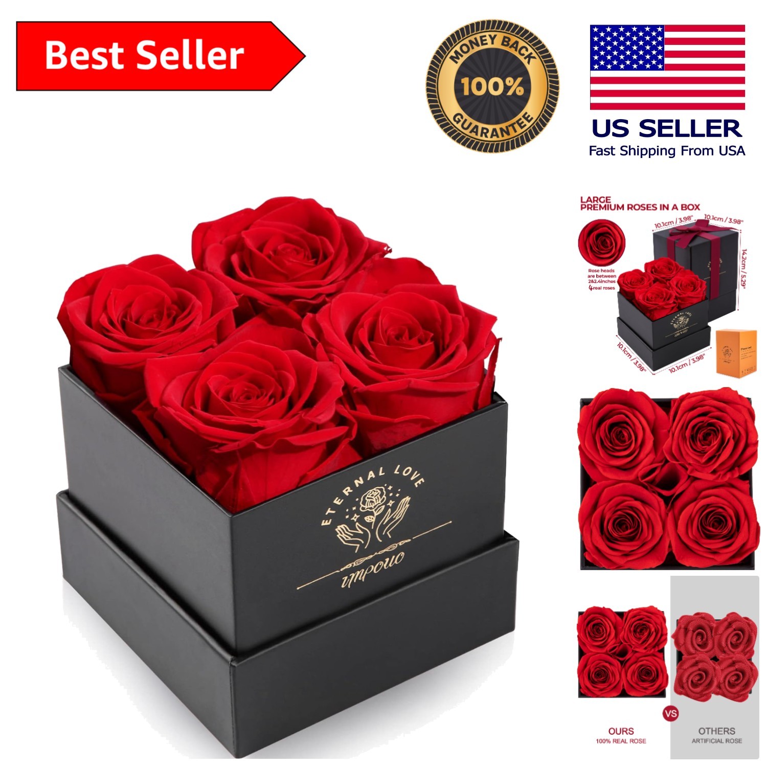 Chic Box of 4 Red Preserved Roses – Ideal Gift for Her & Special Celebrations