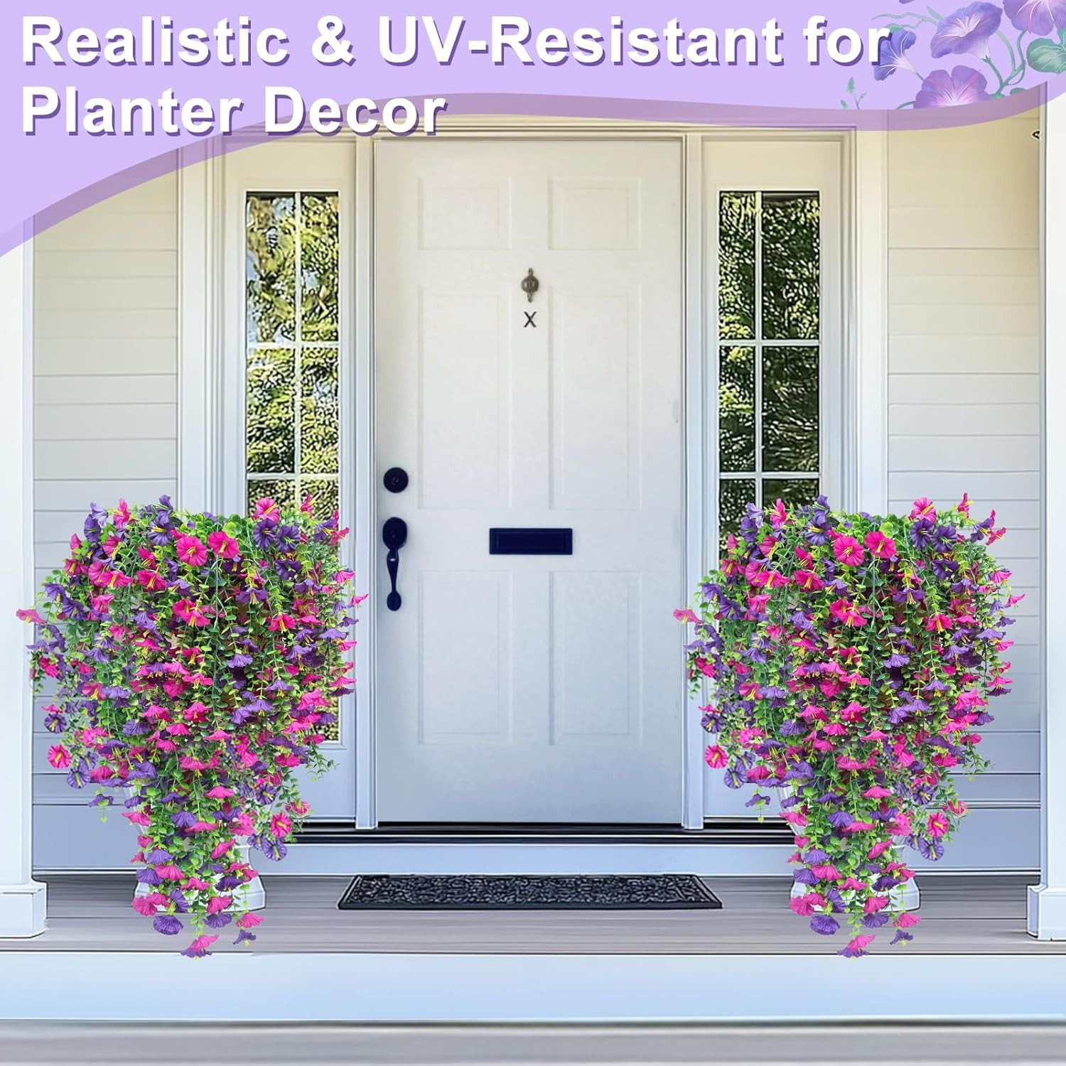 4PCS UV Resistant Faux Hanging Petunias & Eucalyptus for Outdoor Decor