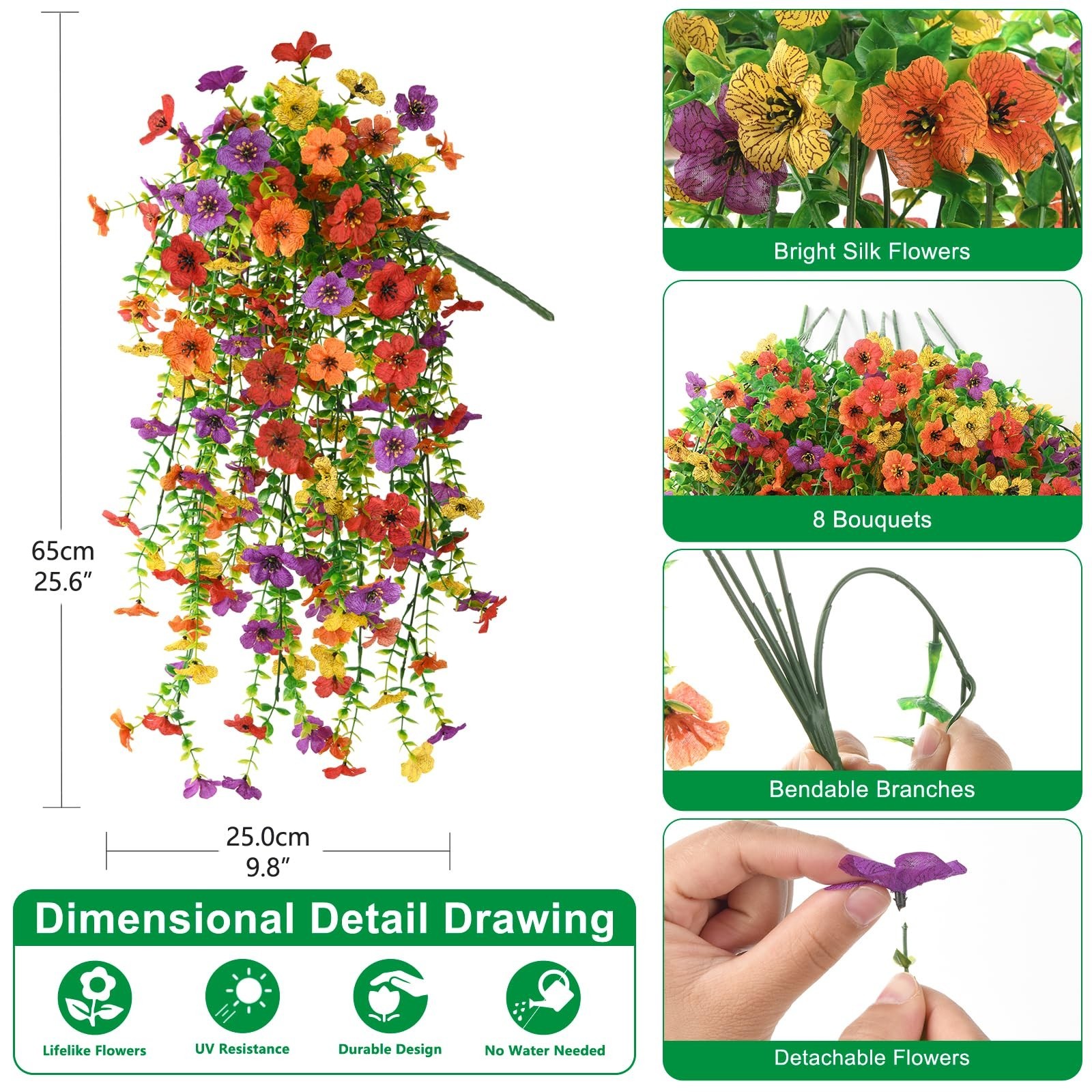 8PCS UV Resistant Artificial Hanging Flowers – Faux Silk Daisy & Eucalyptus Deco