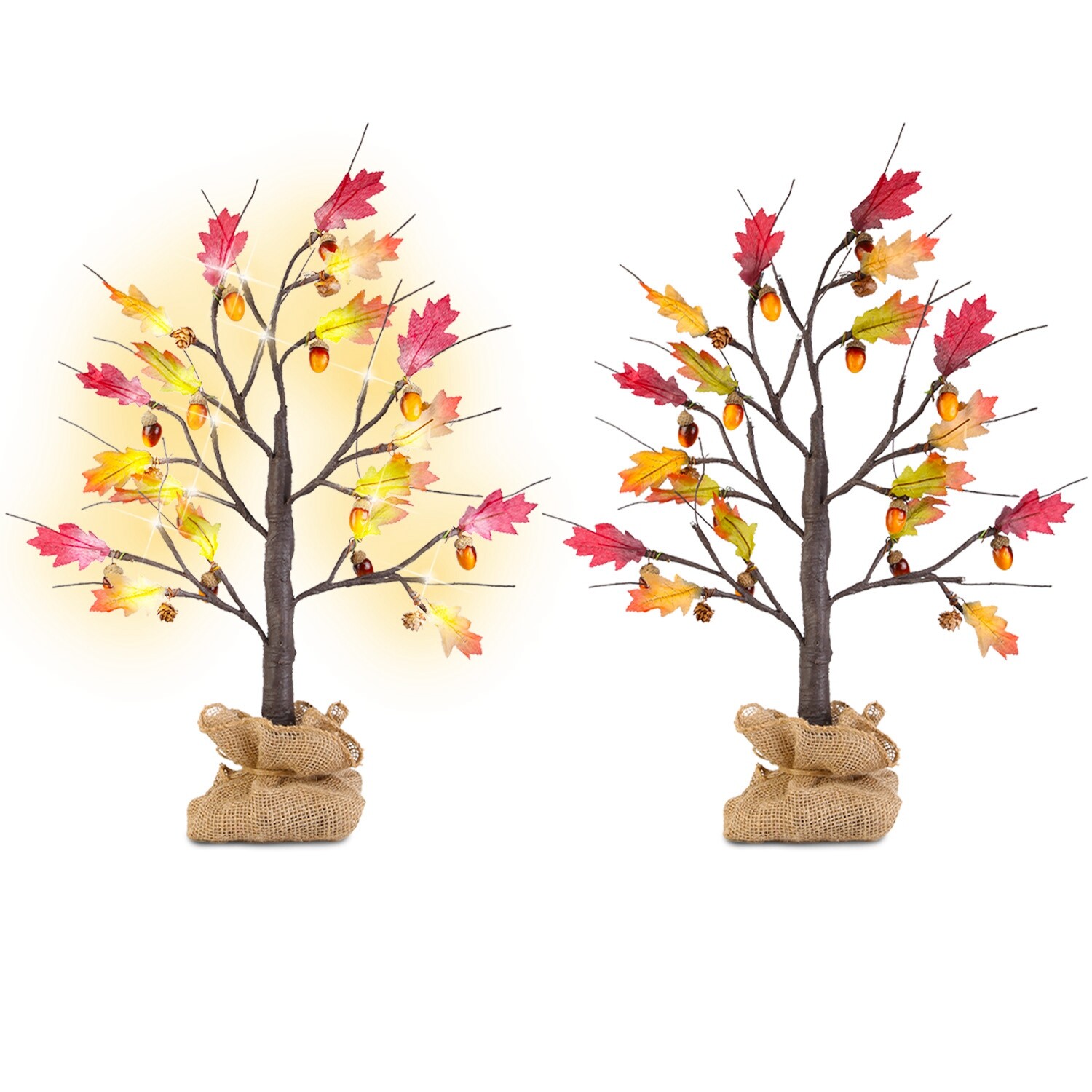2PACK 24″ Artificial 24 LED Lighted Maple Tree Fall Decorations Timer Function