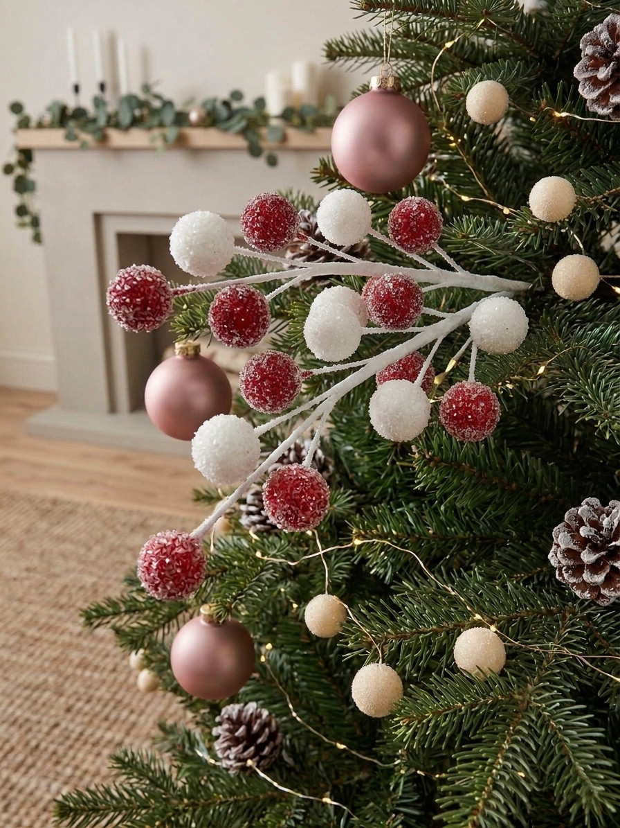 21″ White Red Glitter Christmas Berry Spray Stem Peppermint Holiday Floral Decor