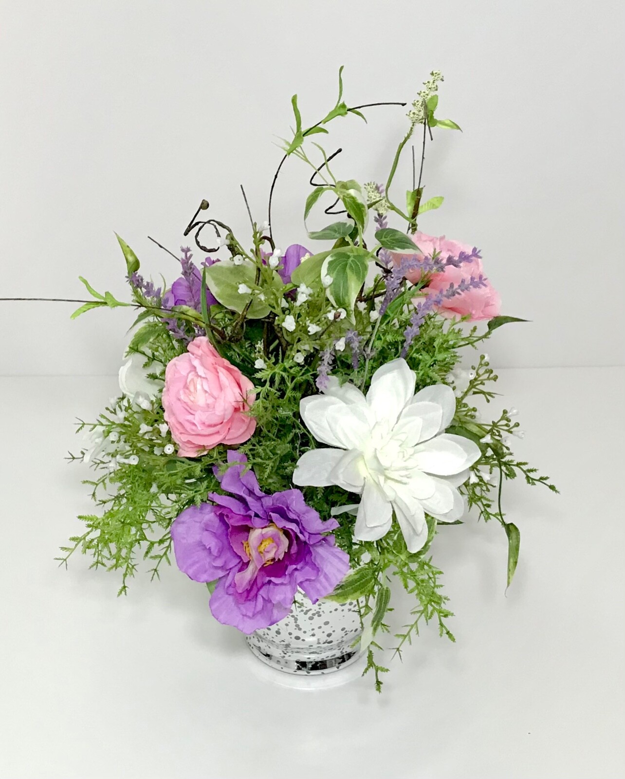 PINK PURPLE WHITE FLOWERS ARRANGEMENT MIRRORED GLASS VASE CENTERPIECE GIFT NEW